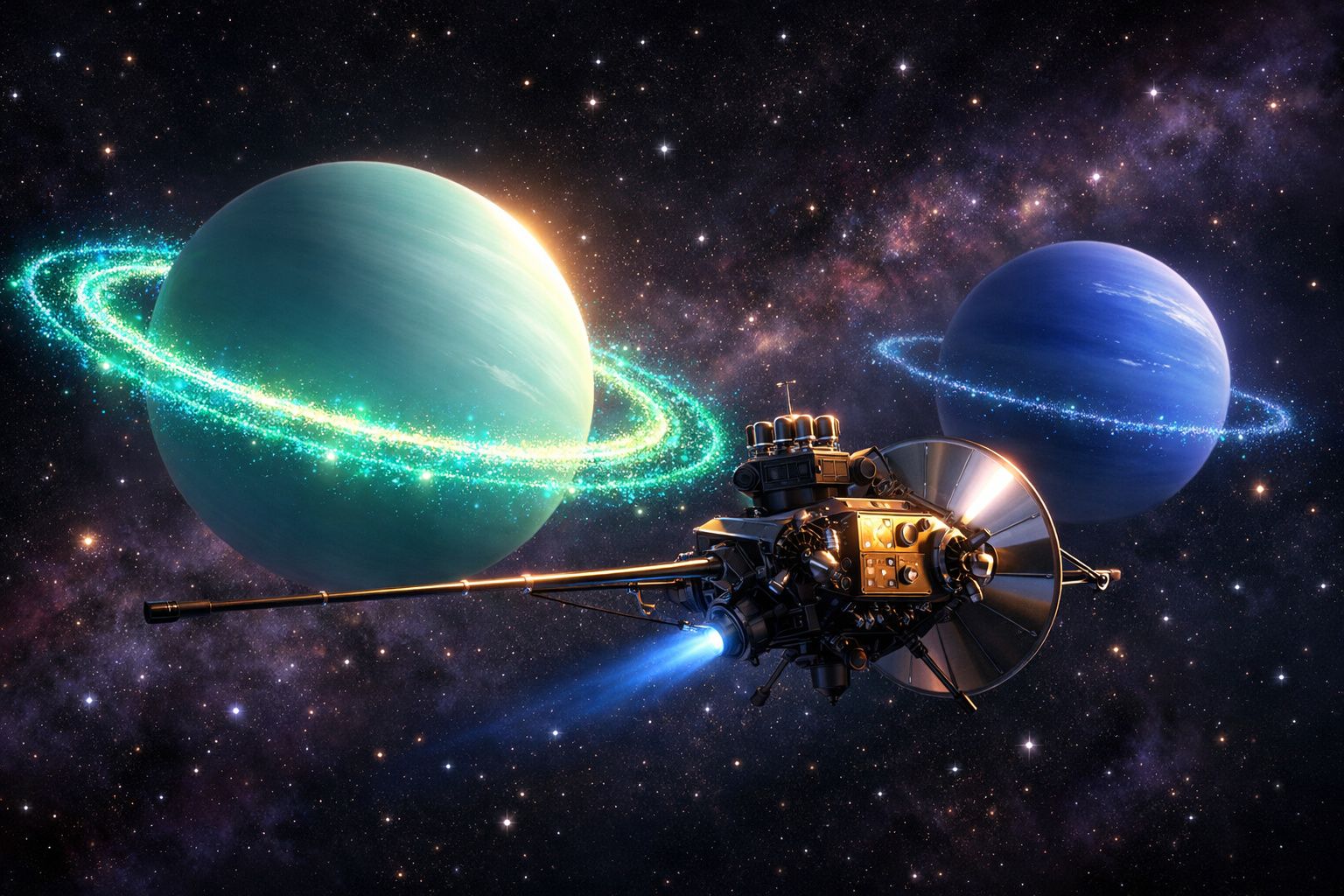 Sonda espacial a aproximar-se de dois planetas gigantes gasosos com anéis brilhantes no espaço profundo.