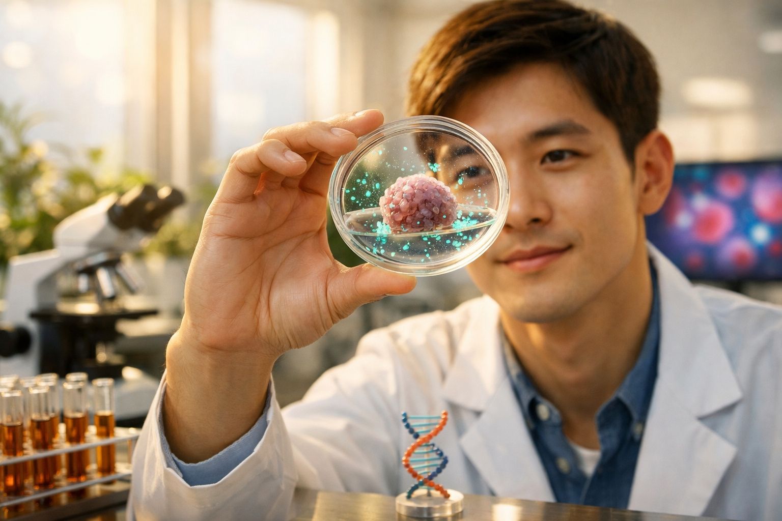 Cientista a observar célula cor-de-rosa numa placa de Petri num laboratório moderno.