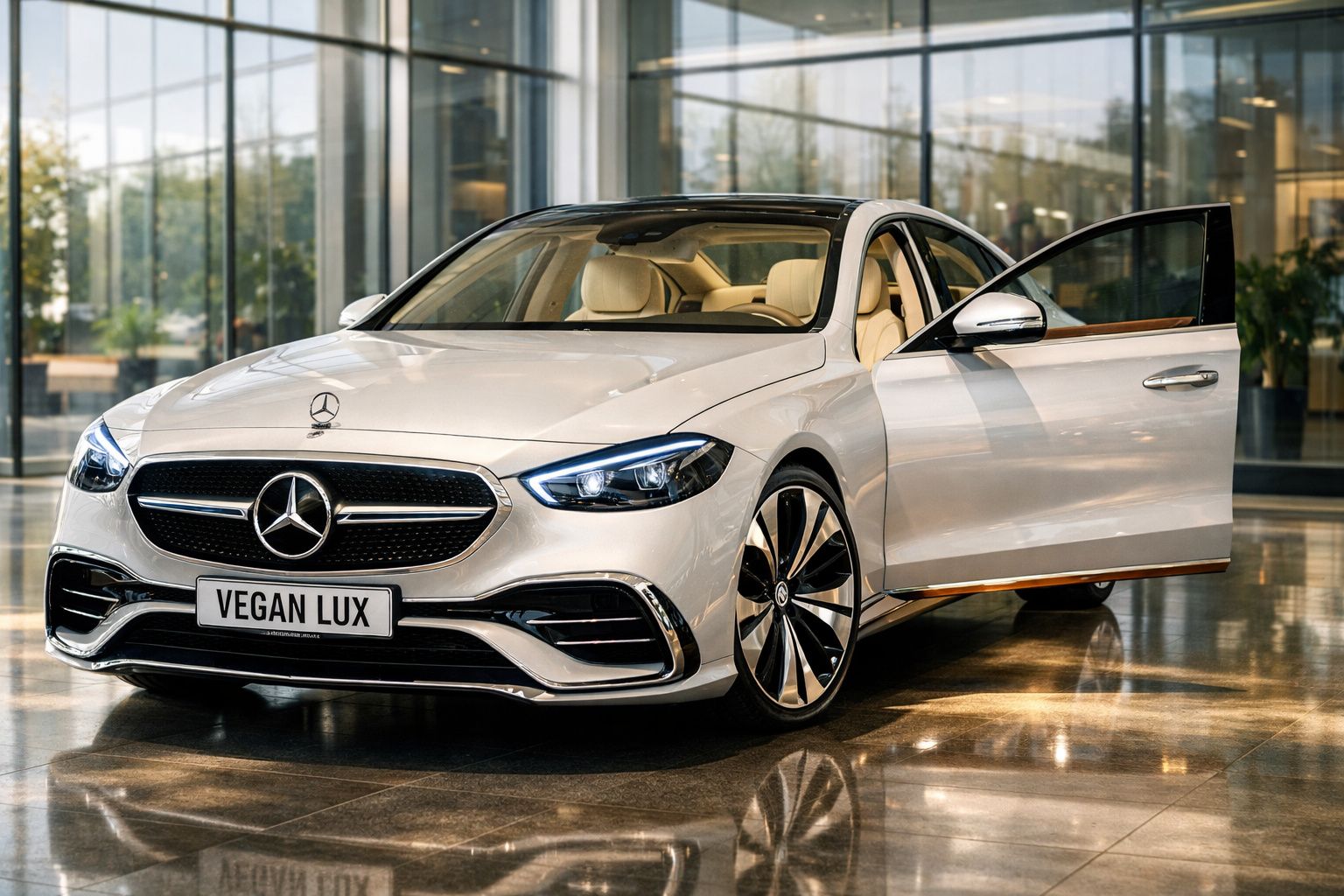 Carro de luxo branco Mercedes-Benz estacionado em ambiente interior com porta dianteira direita aberta.