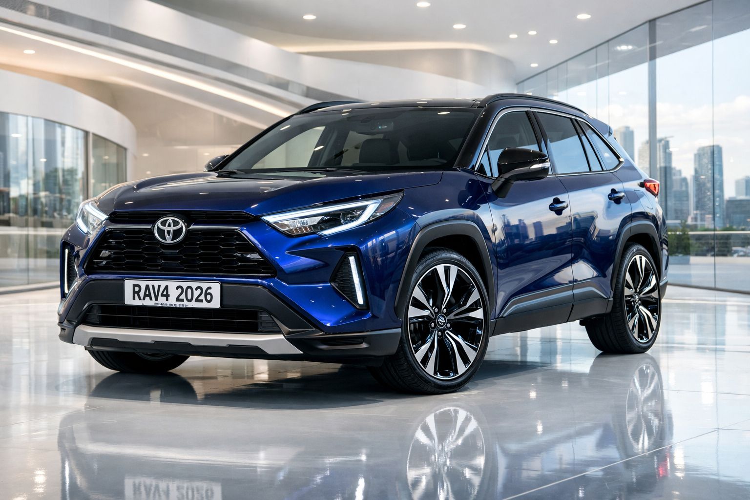 Toyota RAV4 2026 azul estacionado em showroom moderno com piso refletor e fundo com vidros.