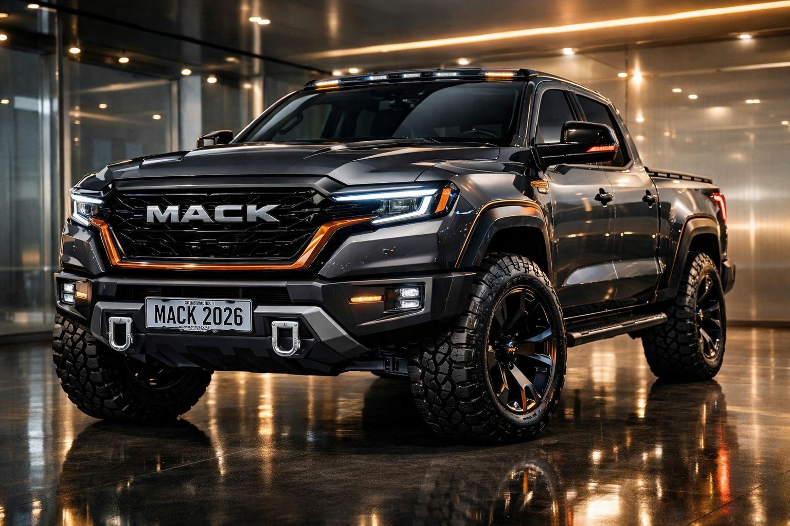 Picape preta robusta da Mack, com pneus off-road e detalhes em laranja, estacionada em ambiente urbano interior.