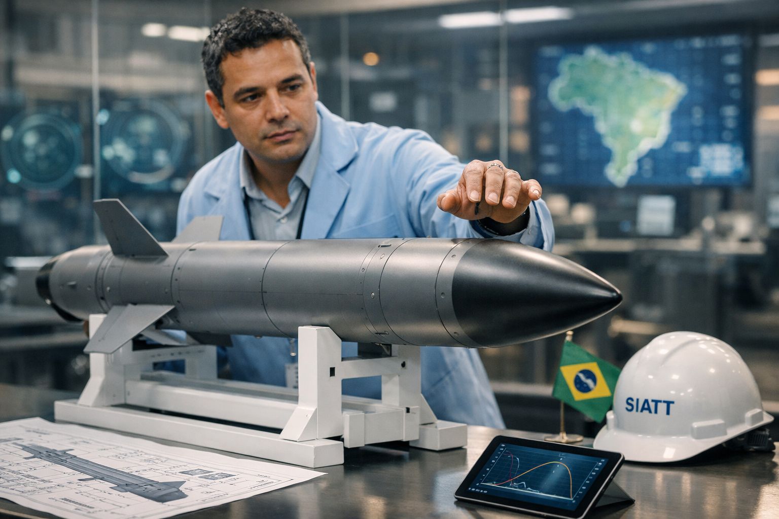 Homem vestido de bata azul ajusta modelo de torpedo num laboratório com capacete e bandeira do Brasil.