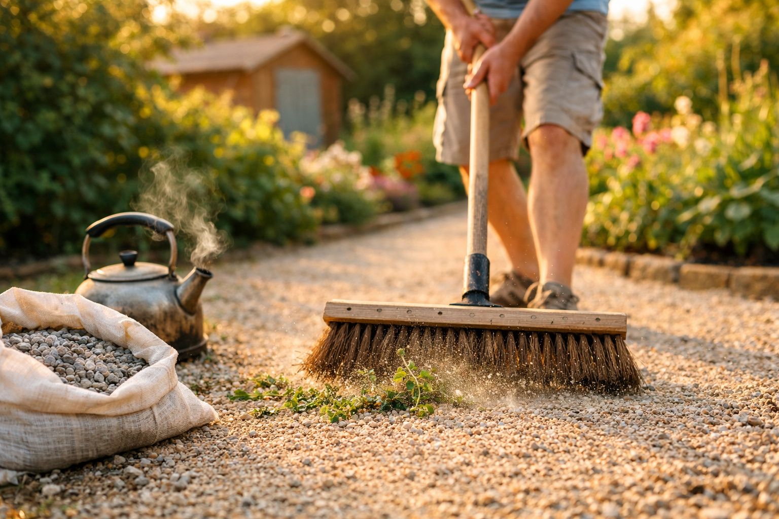 Pessoa a varrer caminho de cascalho num jardim com regador e saco de pedras ao lado.