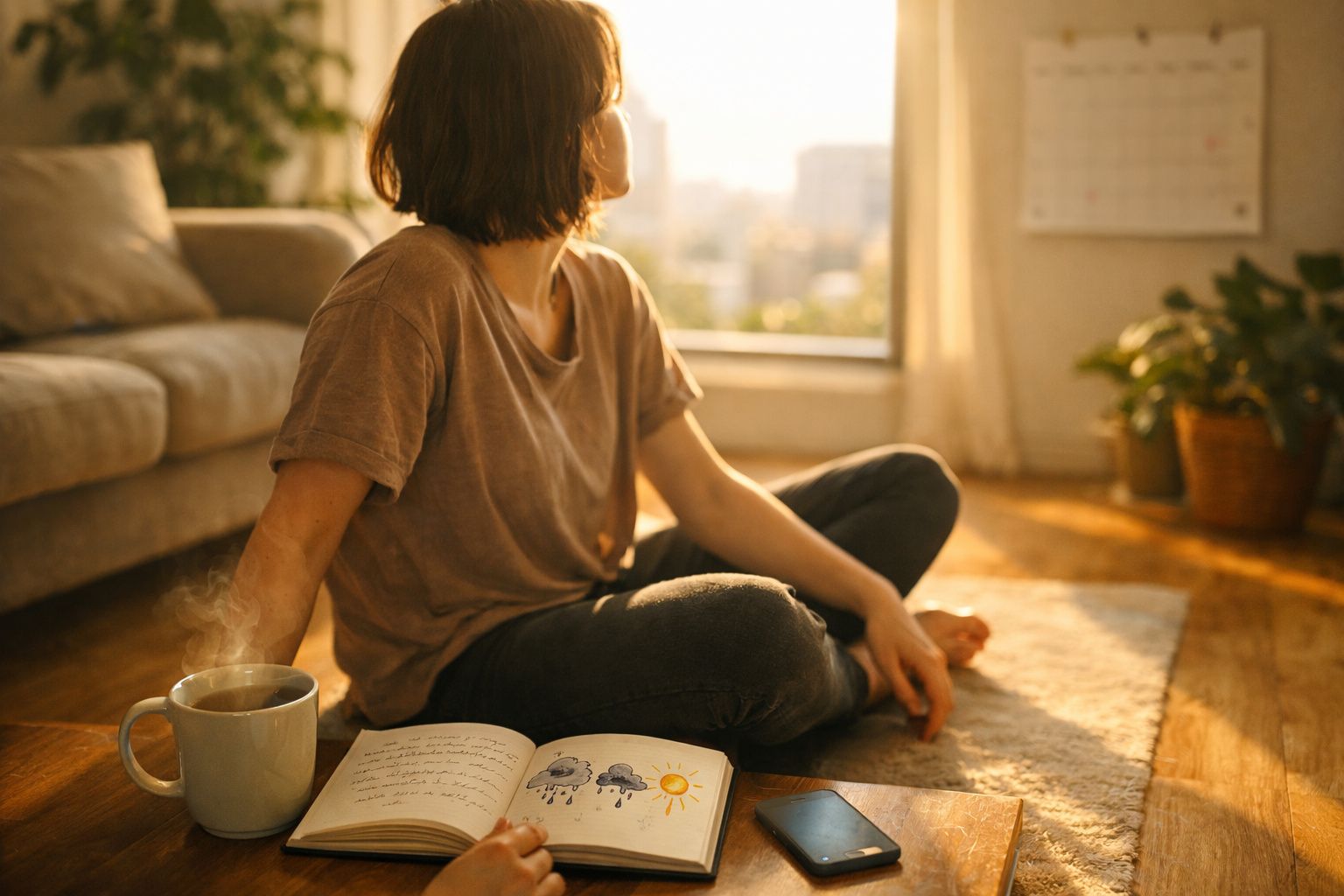 Pessoa sentada no chão a olhar pela janela com chá quente e um caderno de desenhos ao lado.