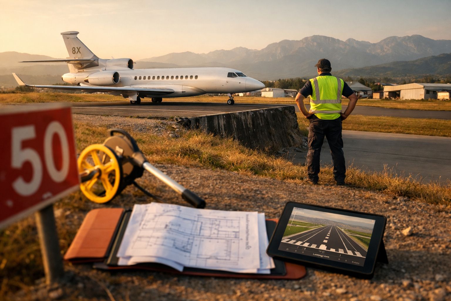 Avião privado a taxiamento na pista com técnico de manutenção e equipamento de medição em primeiro plano.
