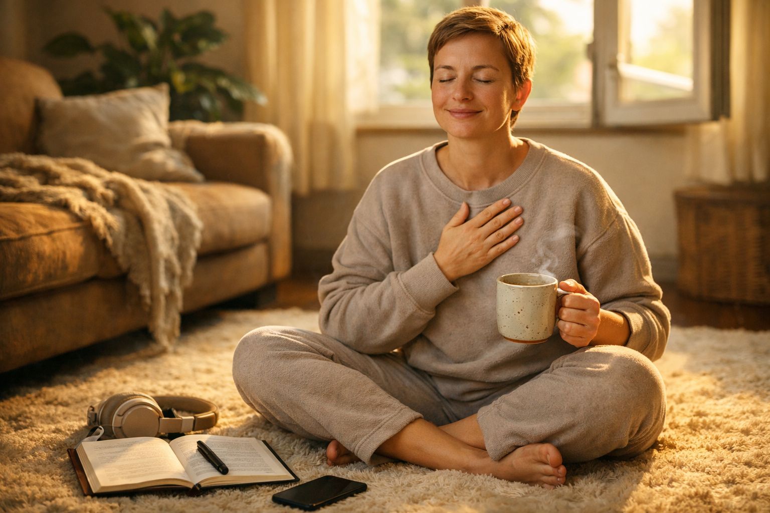 Mulher sentada no chão, de olhos fechados, segurando caneca e com mão no peito num gesto de gratidão.