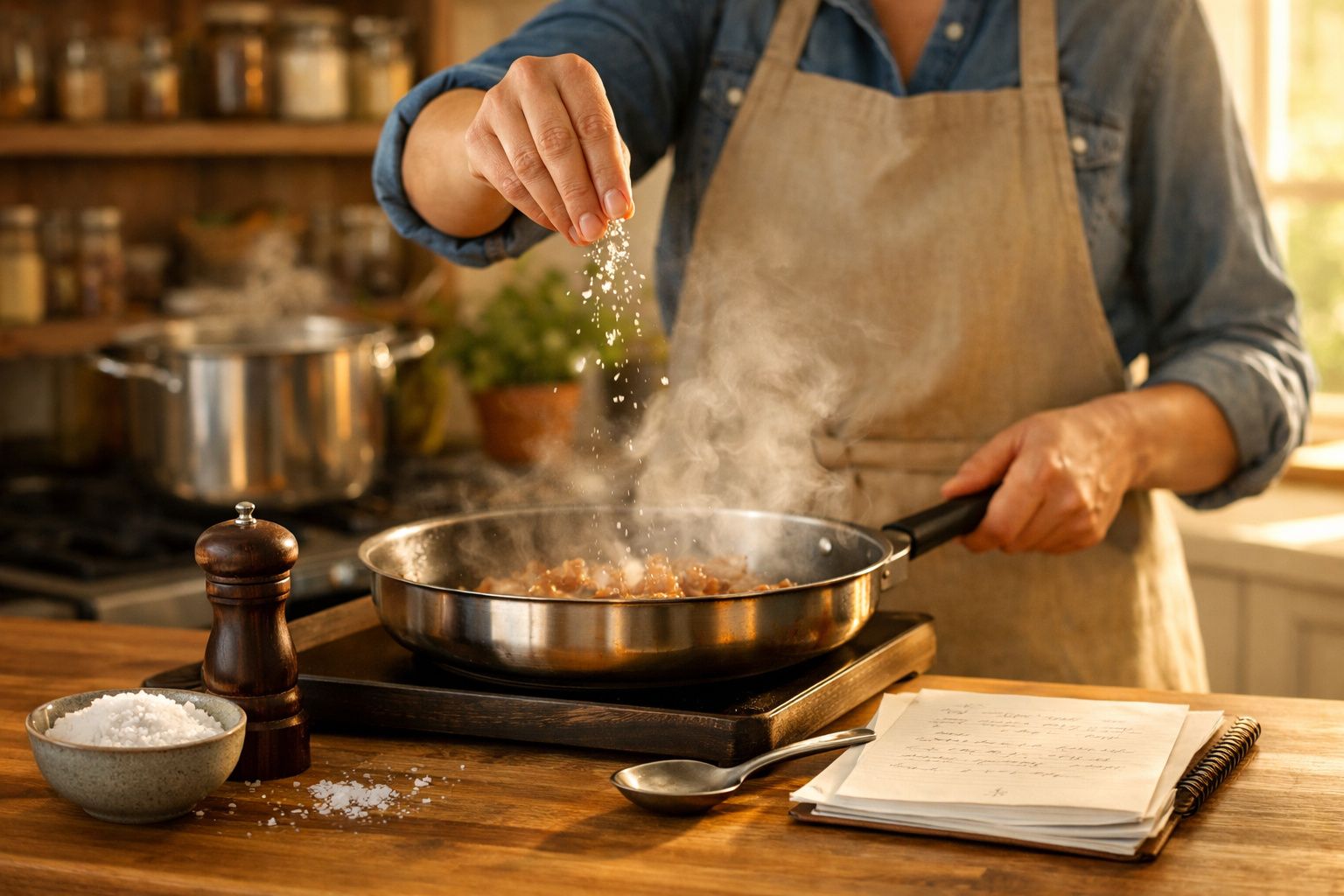 Pessoa a cozinhar e a temperar comida com sal numa frigideira em cozinha acolhedora e iluminada.