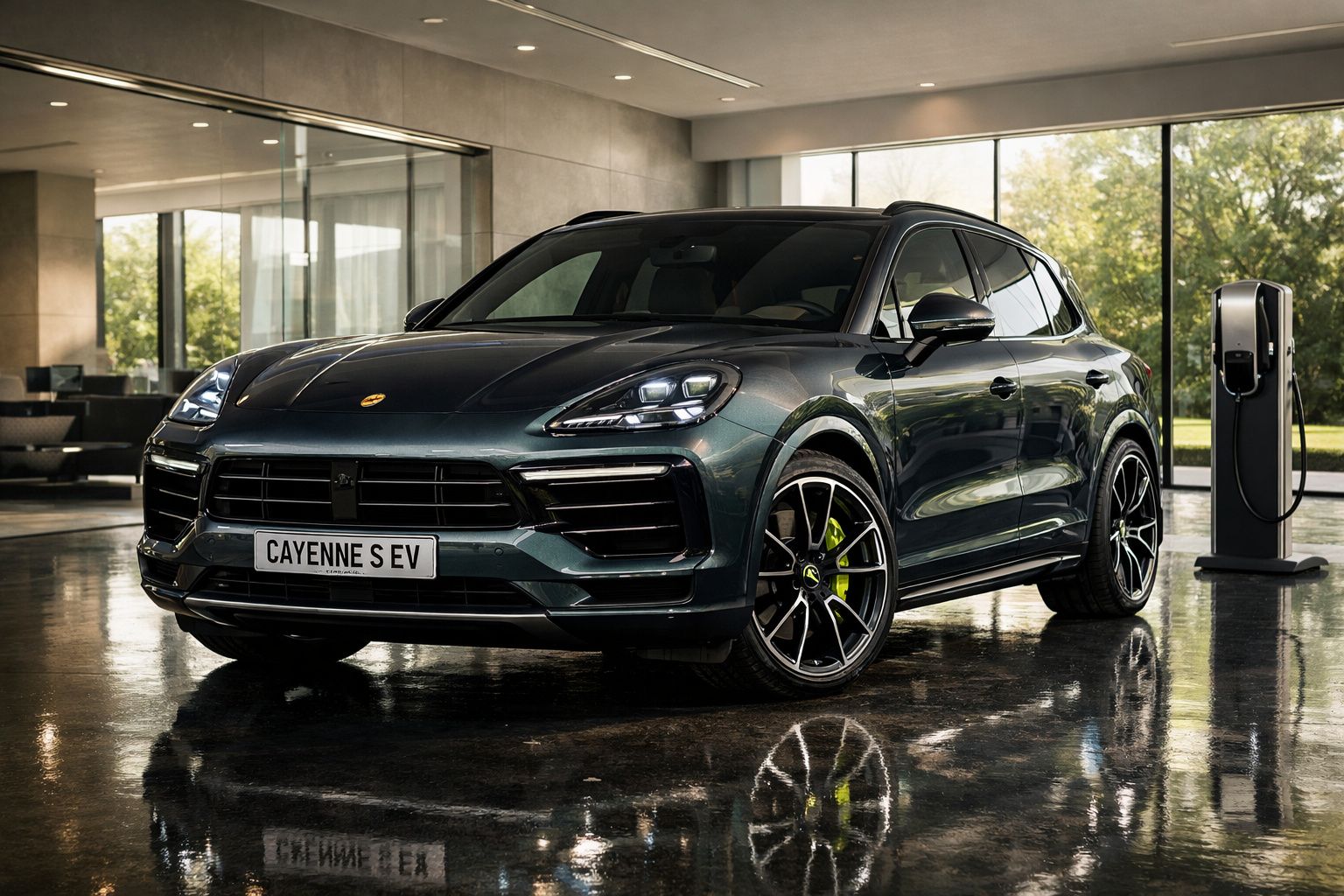 Carro elétrico Porsche Cayenne S EV estacionado em garagem moderna junto a posto de carregamento.