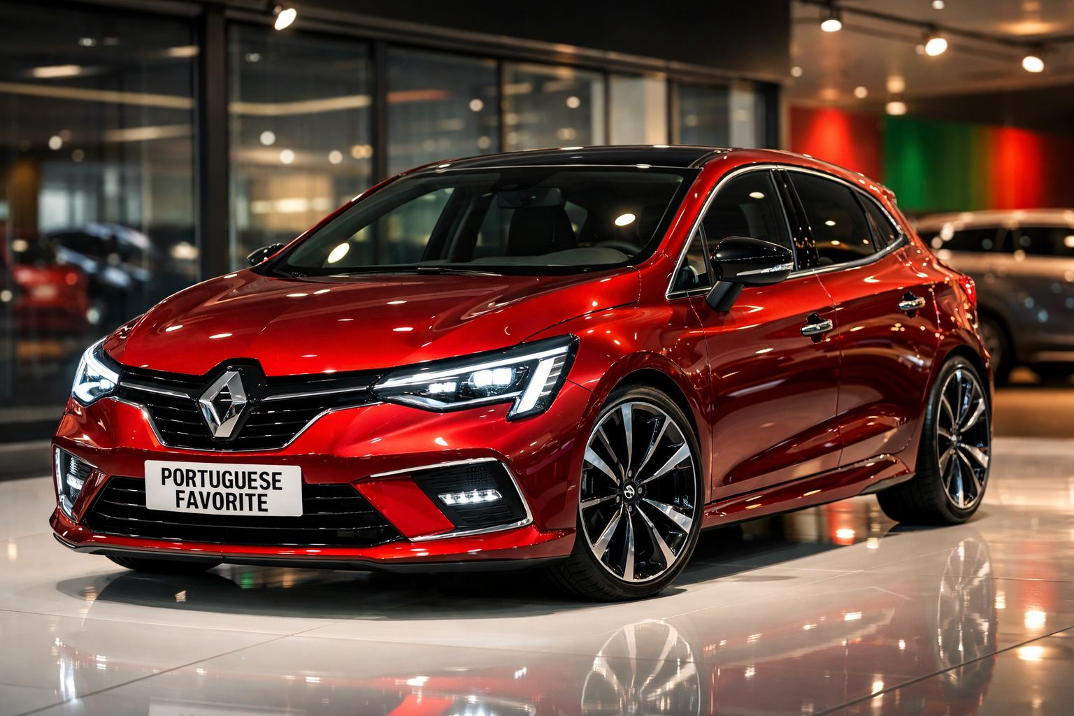 Automóvel Renault vermelho brilhante com faróis acesos numa exposição moderna interior.
