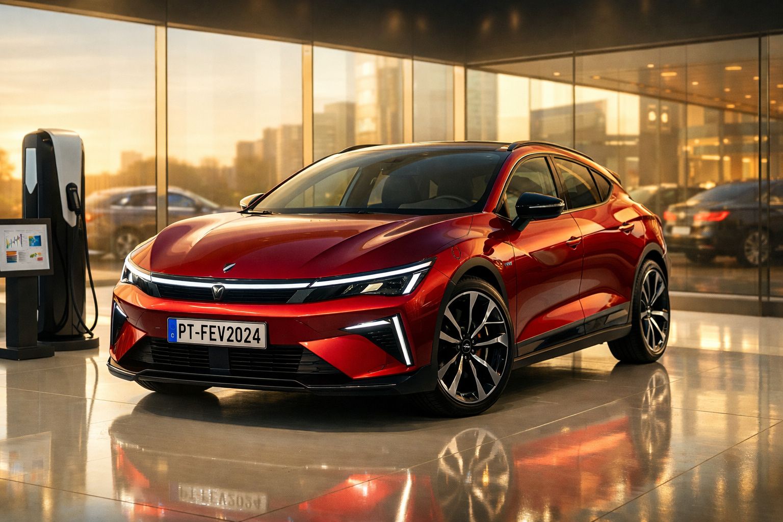 Carro elétrico vermelho brilhante estacionado junto a um posto de carregamento em espaço fechado moderno.