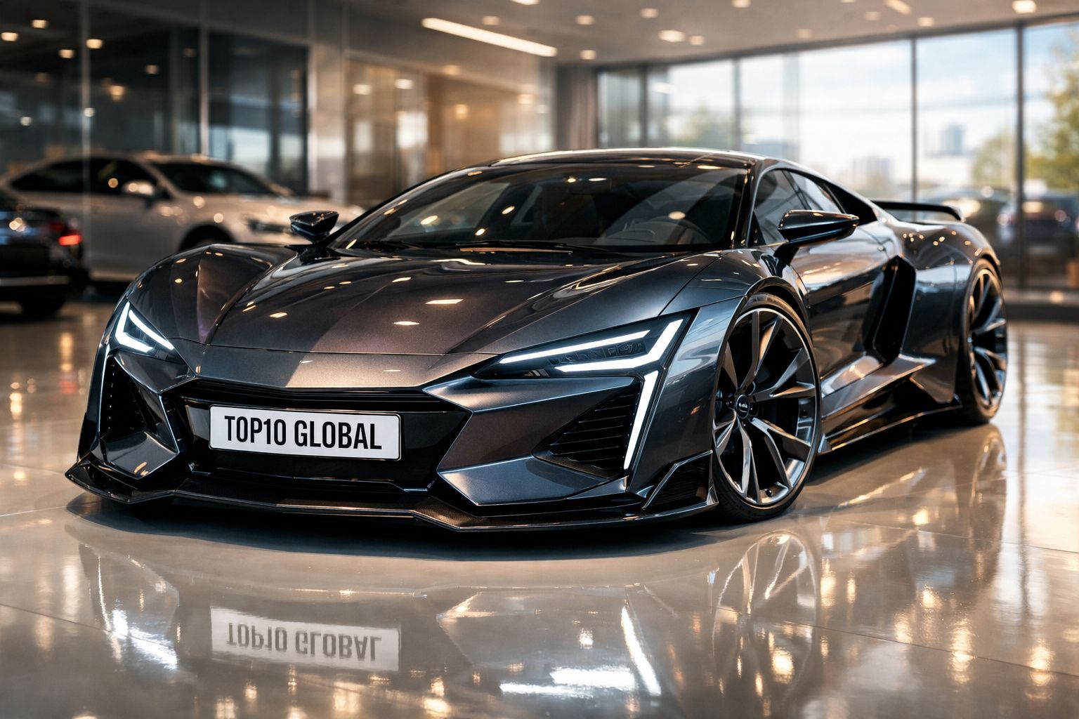 Carro desportivo preto metalizado estacionado em showroom com faróis LED ligados e jantes grandes.