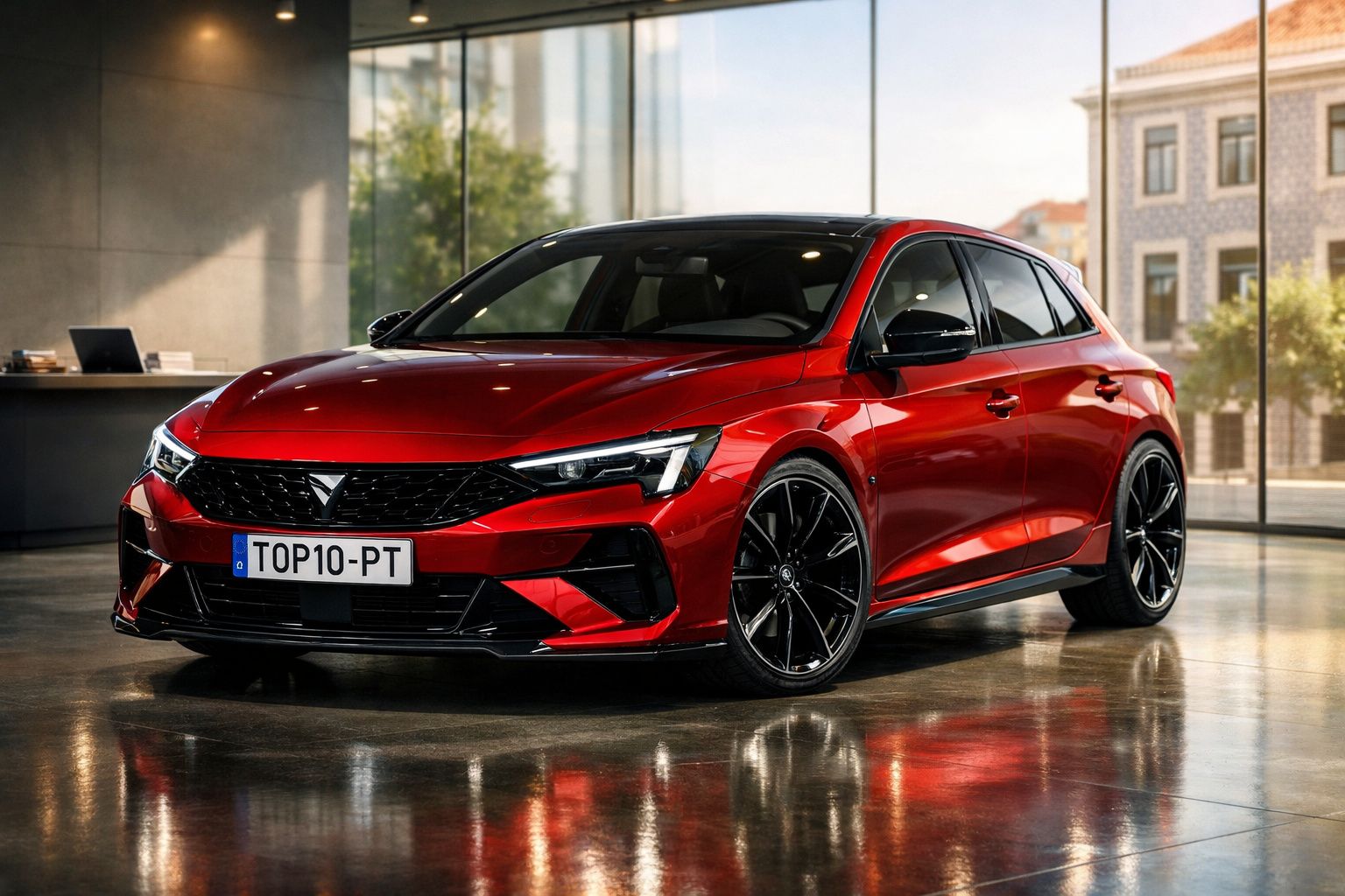 Carro desportivo vermelho brilhante estacionado em interiores com janelas grandes e reflexos no chão.