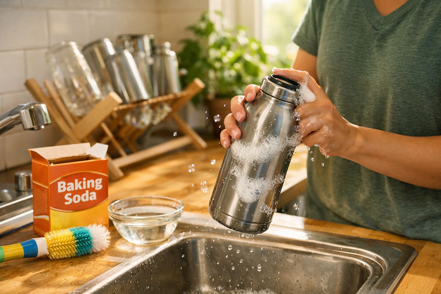 Pessoa a lavar uma garrafa metálica com esponja e bicarbonato de sódio na cozinha.