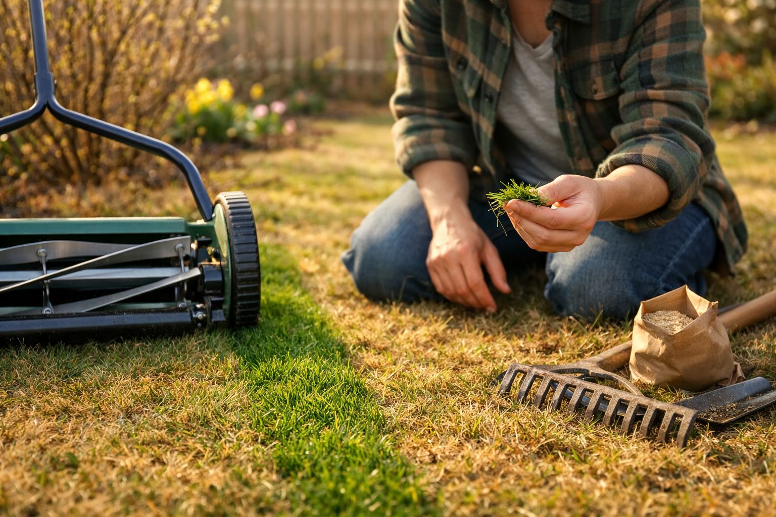 Pessoa a cuidar do relvado seco com um corta-relvas manual, ancinho e saco de sementes ao lado.