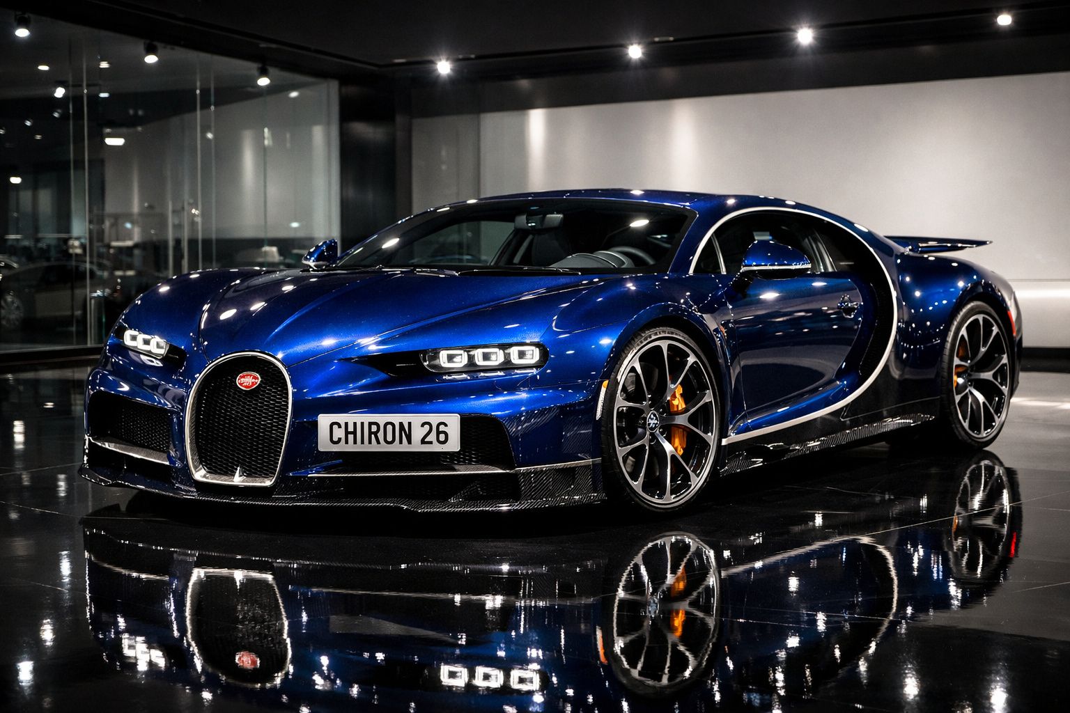Carro desportivo Bugatti Chiron azul com detalhes em preto, estacionado em piso brilhante e interior moderno.
