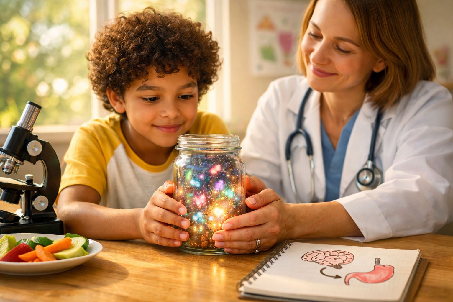 Criança e médica seguram frasco com luzes coloridas, microscópio e alimentos numa mesa iluminada.