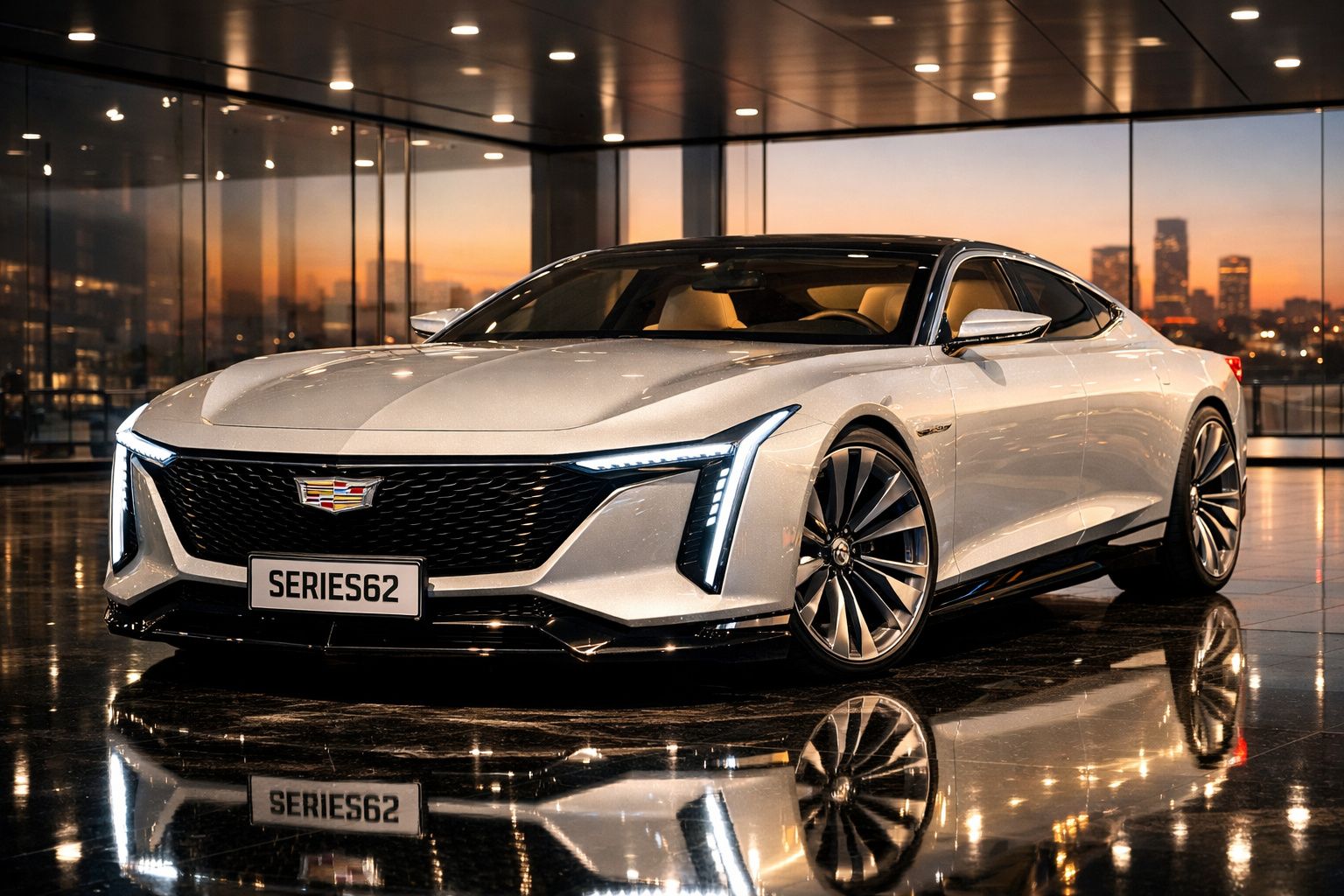 Carro desportivo eléctrico Cadillac Series 62 prateado numa garagem moderna com reflexos no chão.
