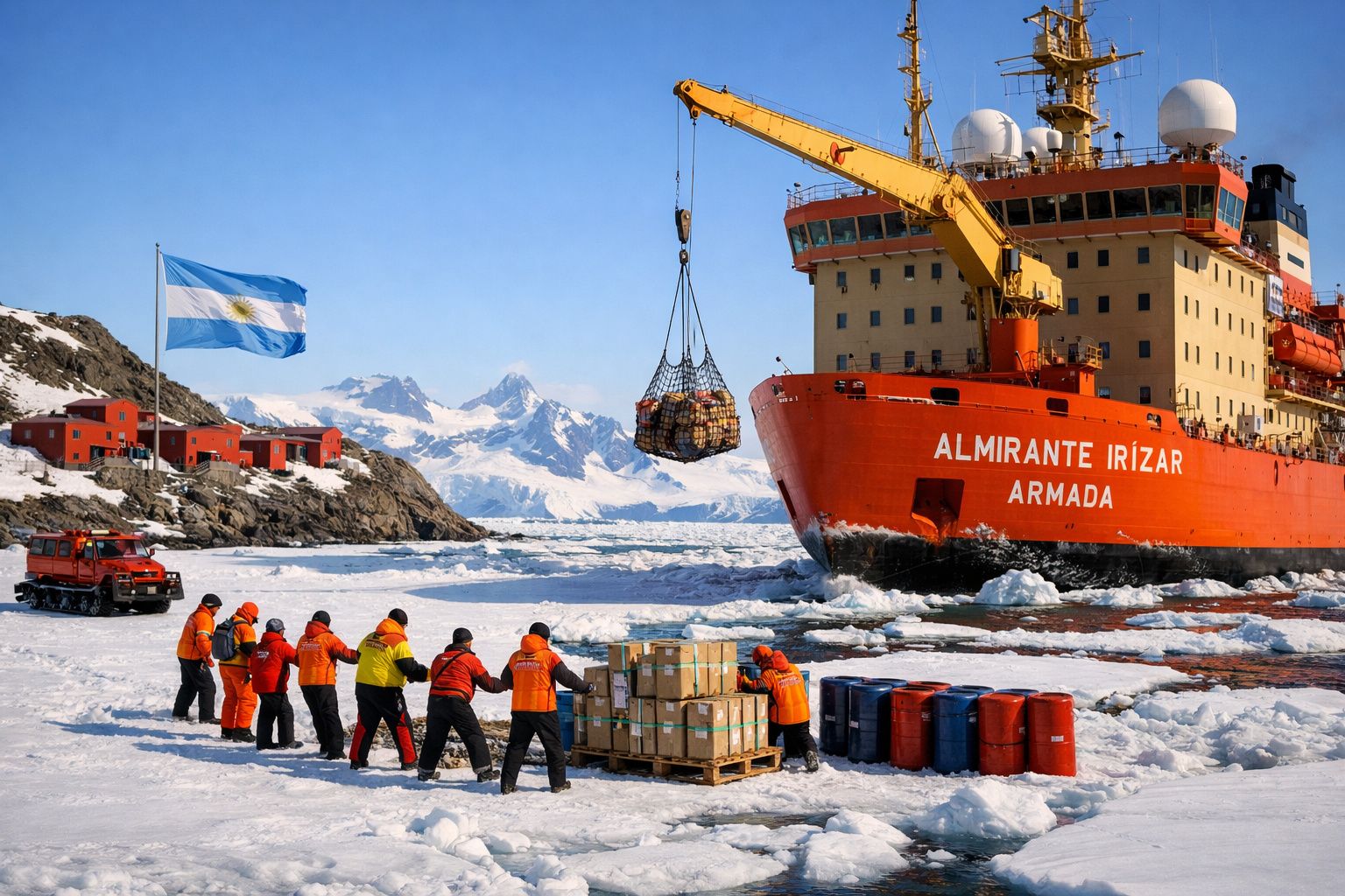 Equipa em equipamento de frio descarrega mantimentos de navio argentino em porto gelado junto a bandeira nacional.