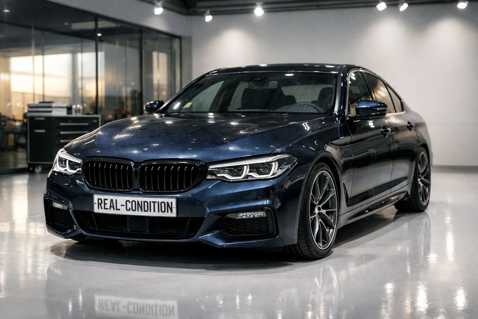 Carro desportivo azul escuro estacionado em interior moderno com chão espelhado e luz suave.