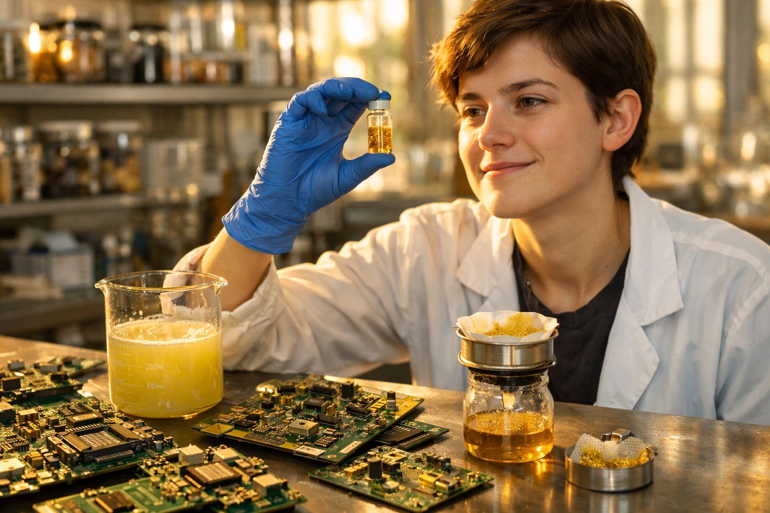 Mulher cientista analisa amostra dourada em laboratório com circuitos eletrónicos e equipamentos diversos.