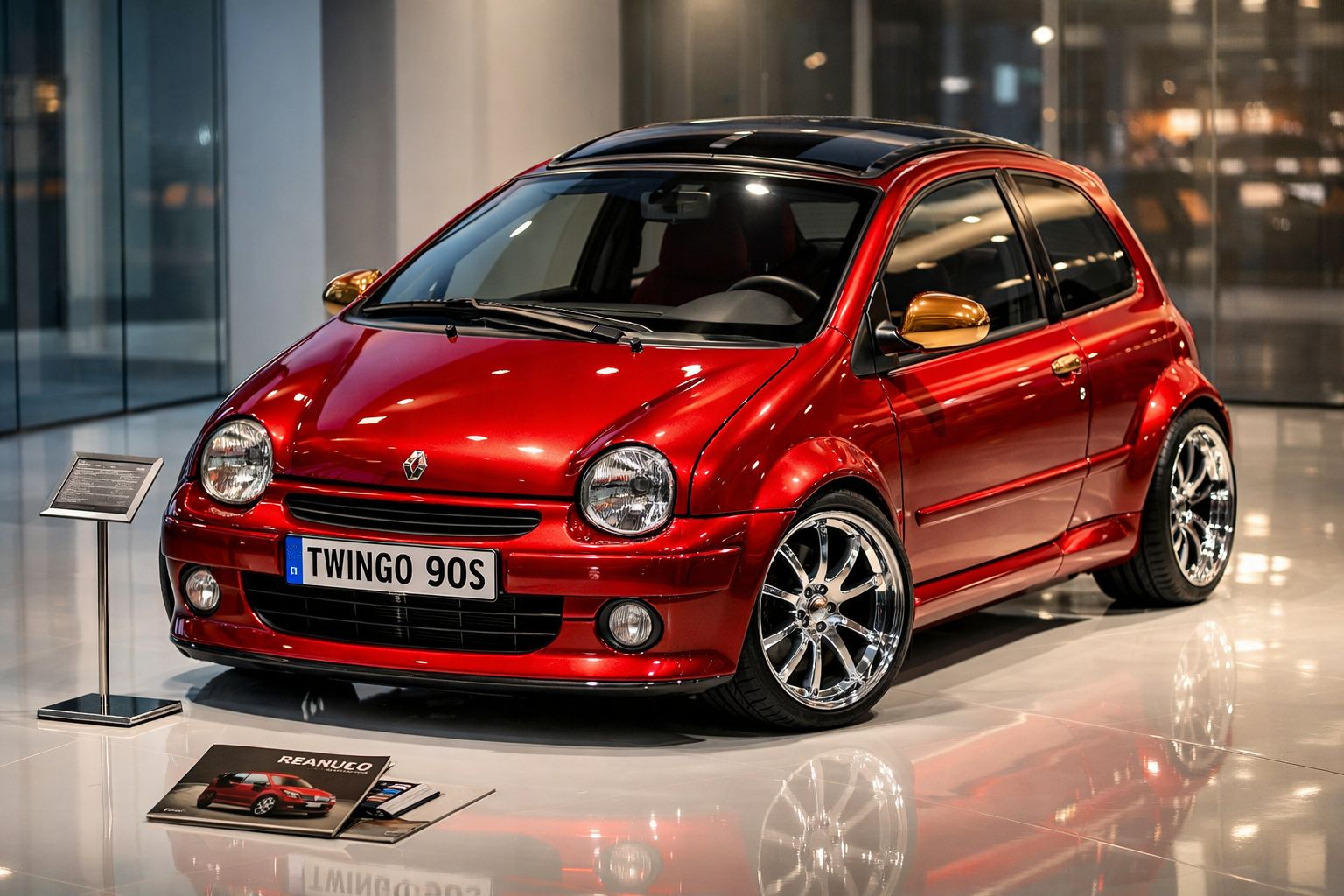 Renault Twingo 90S vermelho com detalhes dourados, exposição interna em ambiente moderno e iluminado.