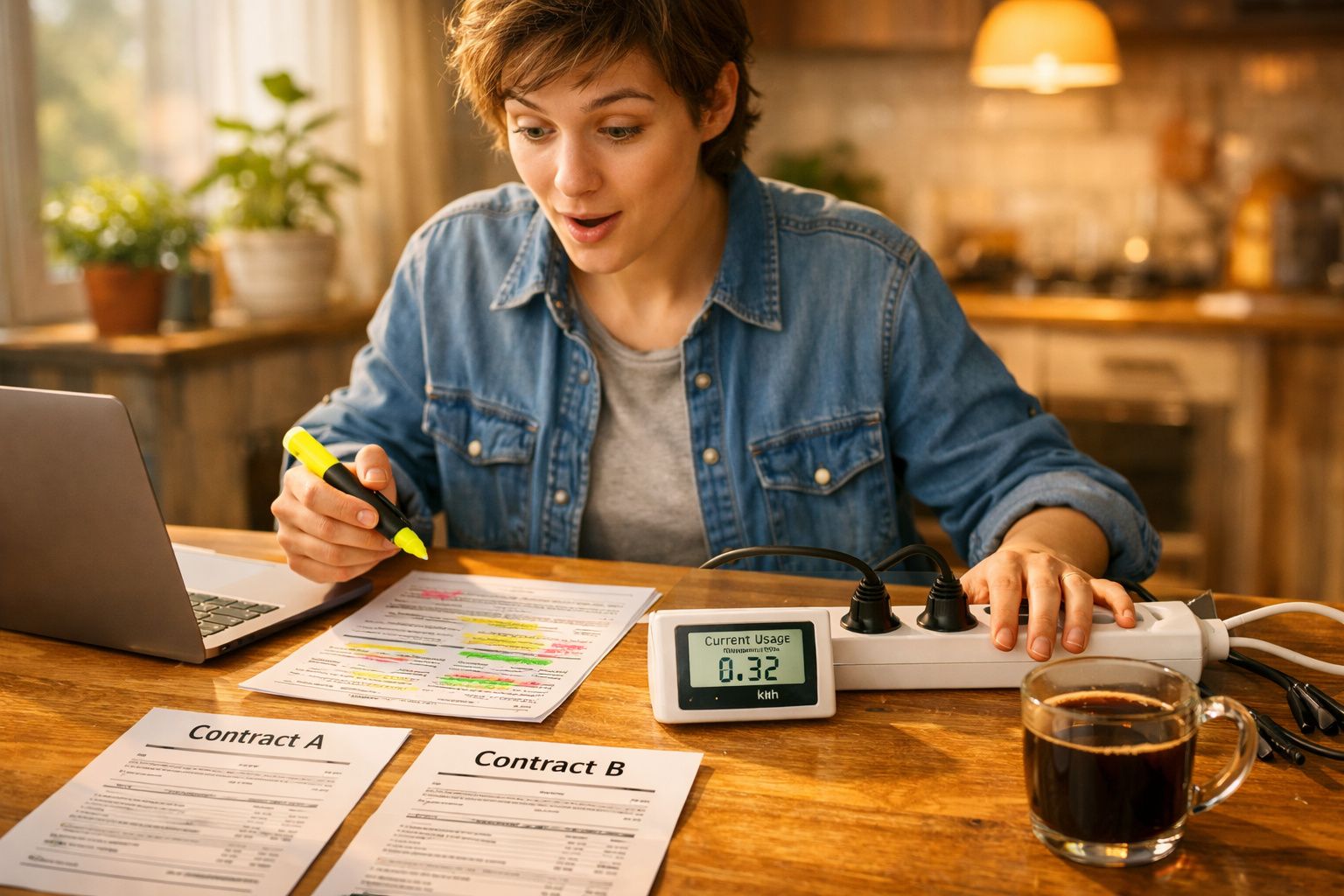 Mulher surpreendida a analisar contas, com marcador, computador e medidor de consumo elétrico numa mesa.