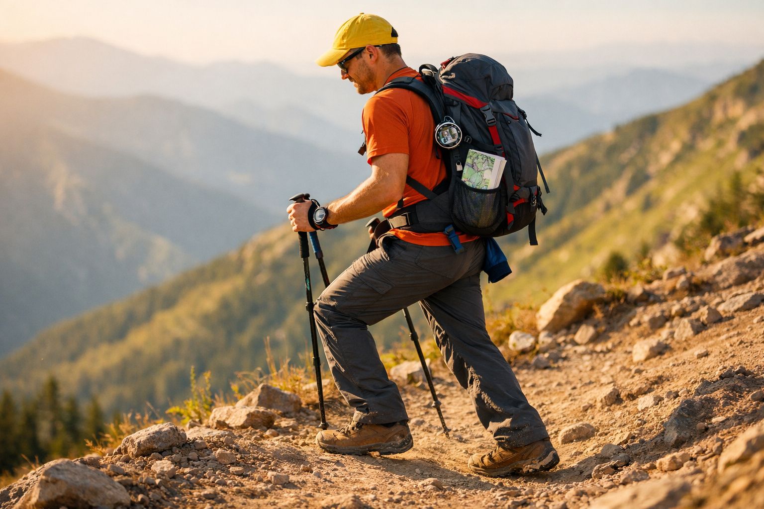 Homem com mochila e bastões de caminhada sobe trilho rochoso em montanha ao pôr do sol.