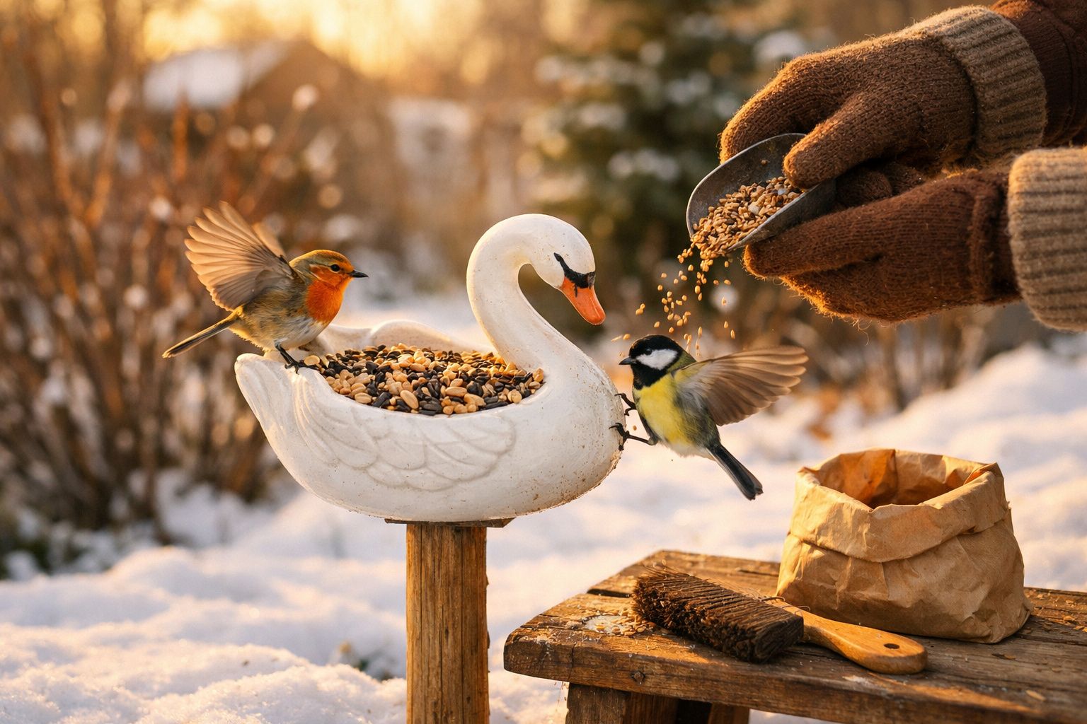 Pássaros a comer em alimentador em forma de cisne com neve ao fundo e mãos a despejar sementes.