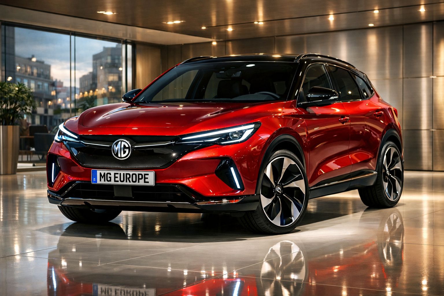 Carro SUV elétrico vermelho MG Europe estacionado em espaço interior moderno com piso reflexivo.