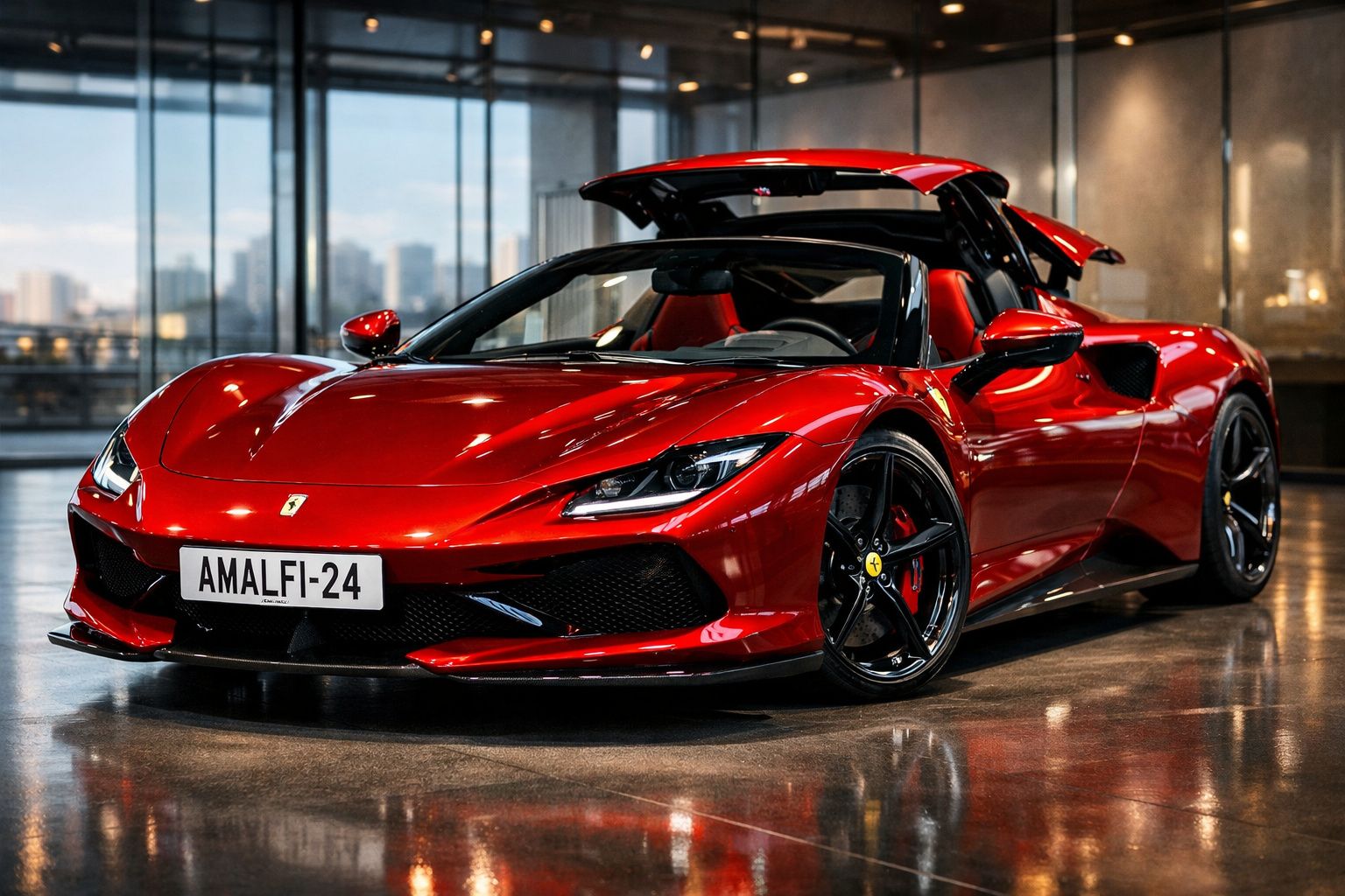 Carro desportivo vermelho Ferrari com tejadilho aberto e pormenores em preto num ambiente interior moderno.
