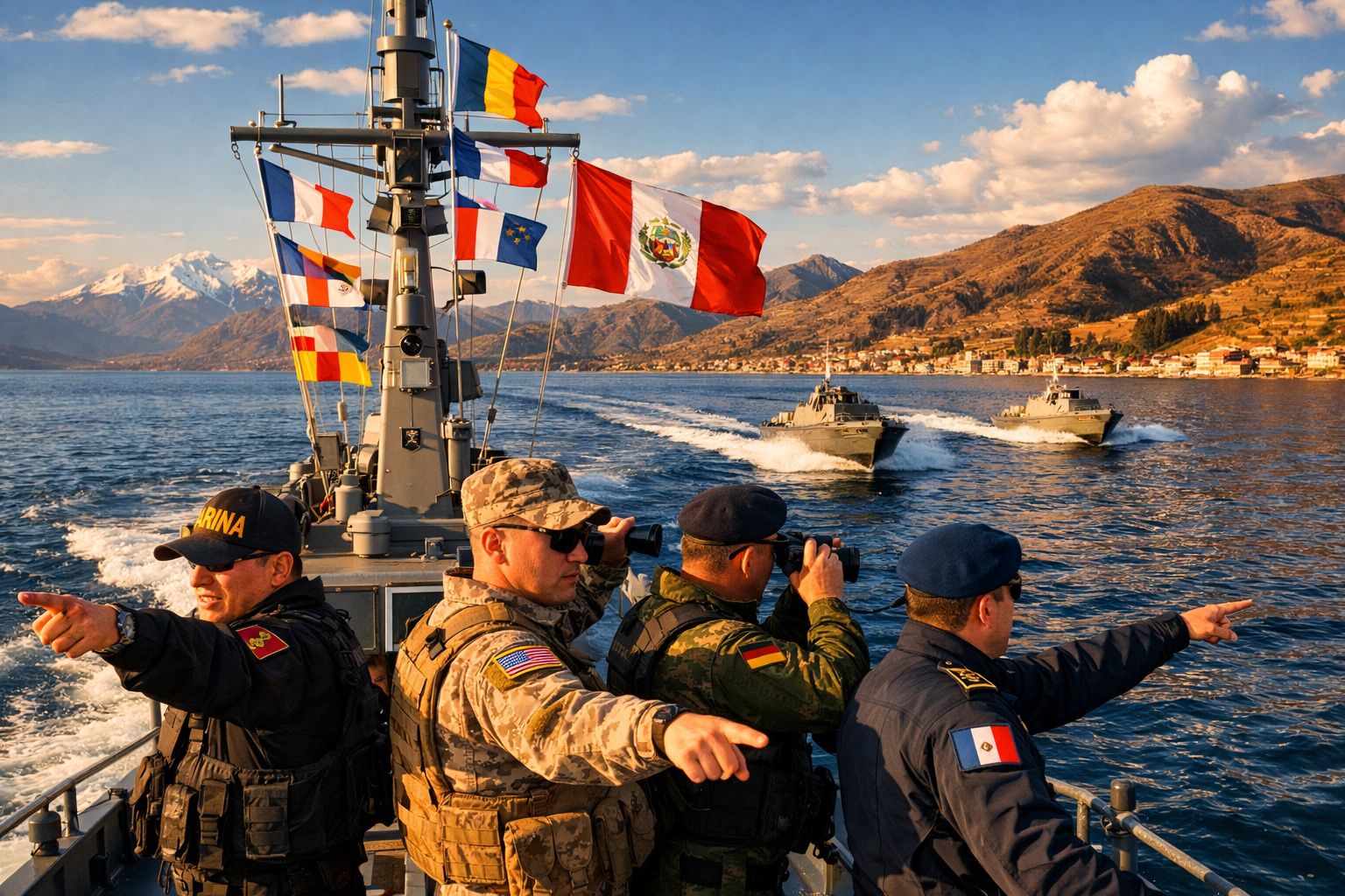 Soldados de várias forças armadas a bordo de um barco militar no mar, apontando para duas embarcações à distância.