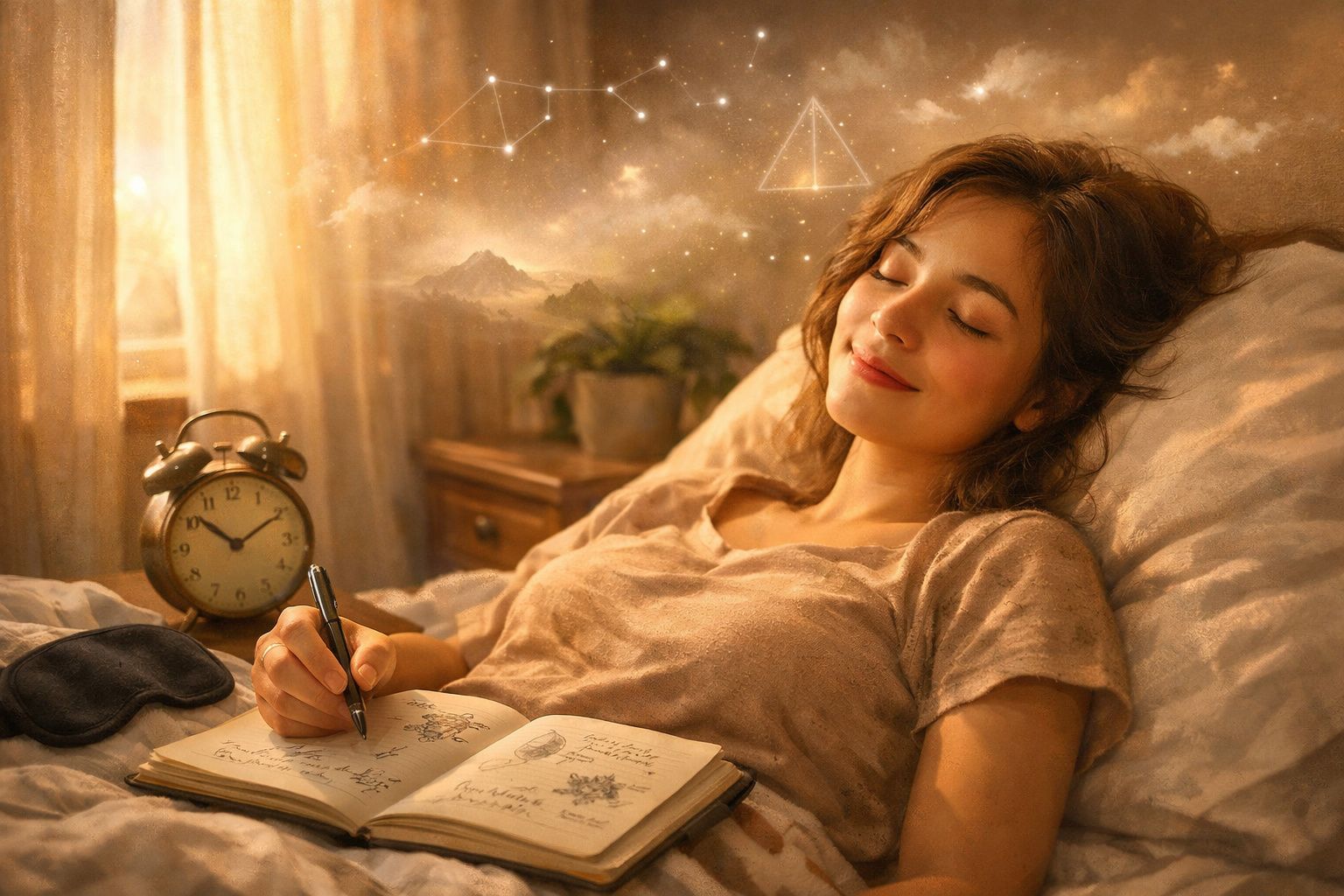 Jovem de olhos fechados a escrever num caderno, deitada na cama com ambiente acolhedor e sonhador.