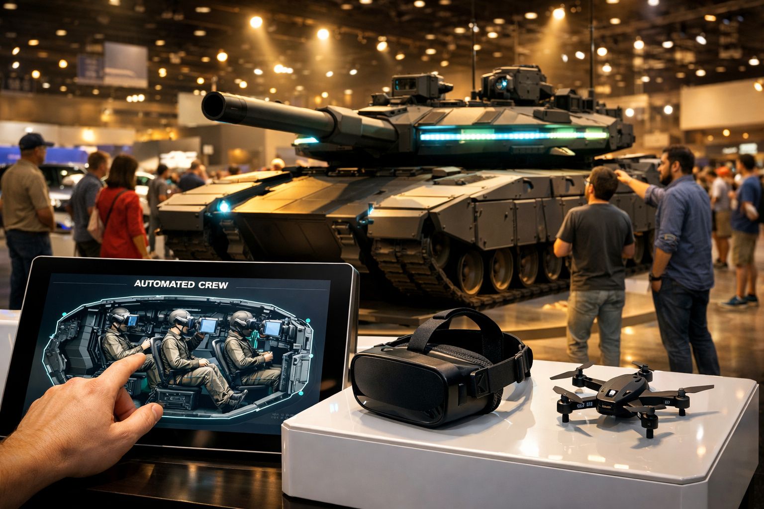 Exposição de tanque militar futurista com ecrã de controlo, óculos VR e drone em ambiente de feira tecnológica.