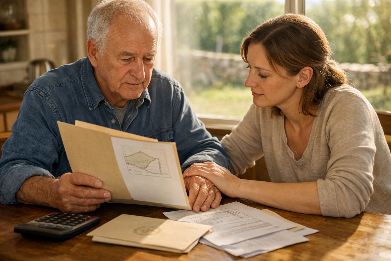 Homem idoso e mulher jovem a analisar documentos sentados numa mesa iluminada pela luz natural.