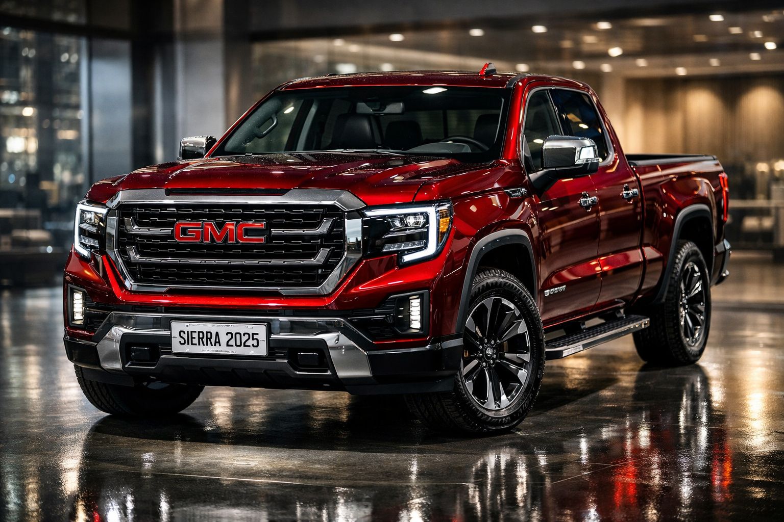 Pick-up vermelha GMC Sierra 2025 estacionada em piso interior com iluminação ambiente.