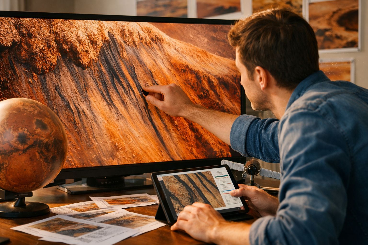 Homem a analisar imagens e dados de uma superfície marciana num ecrã e tablet com globo terráqueo ao lado.