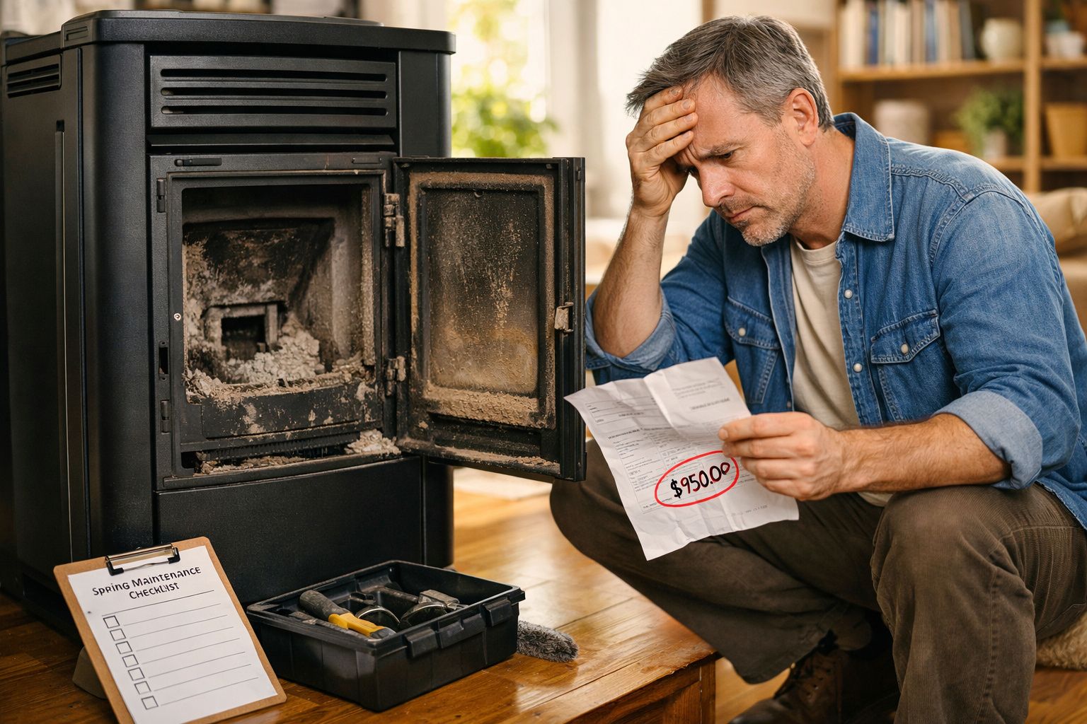 Homem sentado no chão ao lado de lareira aberta, preocupado com conta de 950 dólares na mão.
