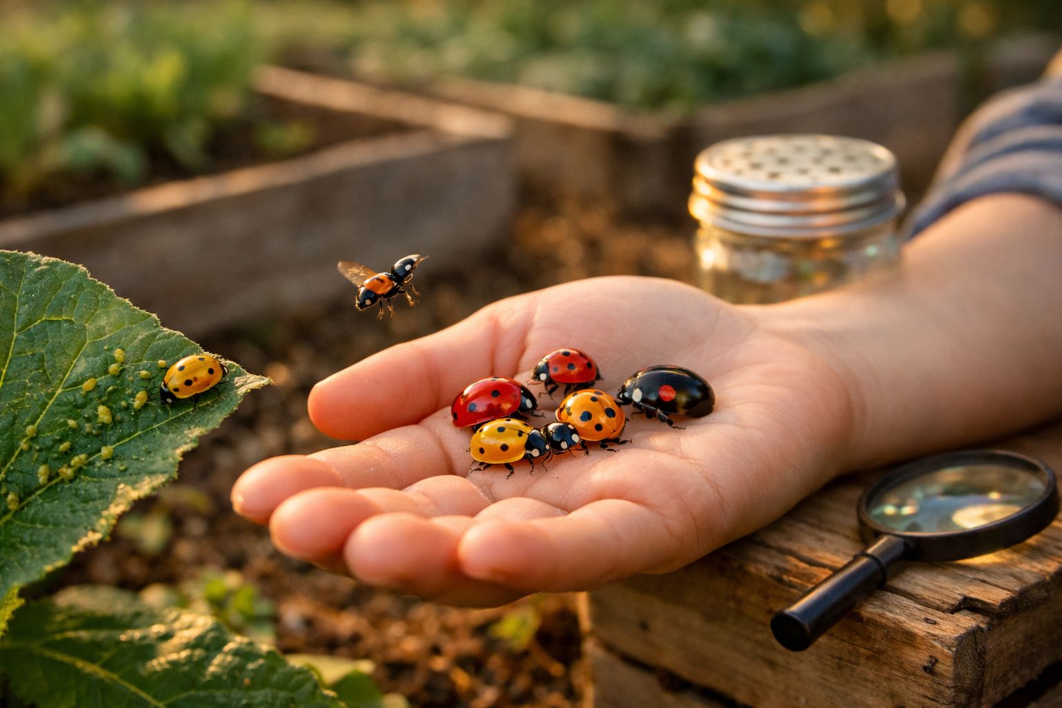 Mão segurando várias joaninhas coloridas, perto de folha com pulgões e lupa num jardim.