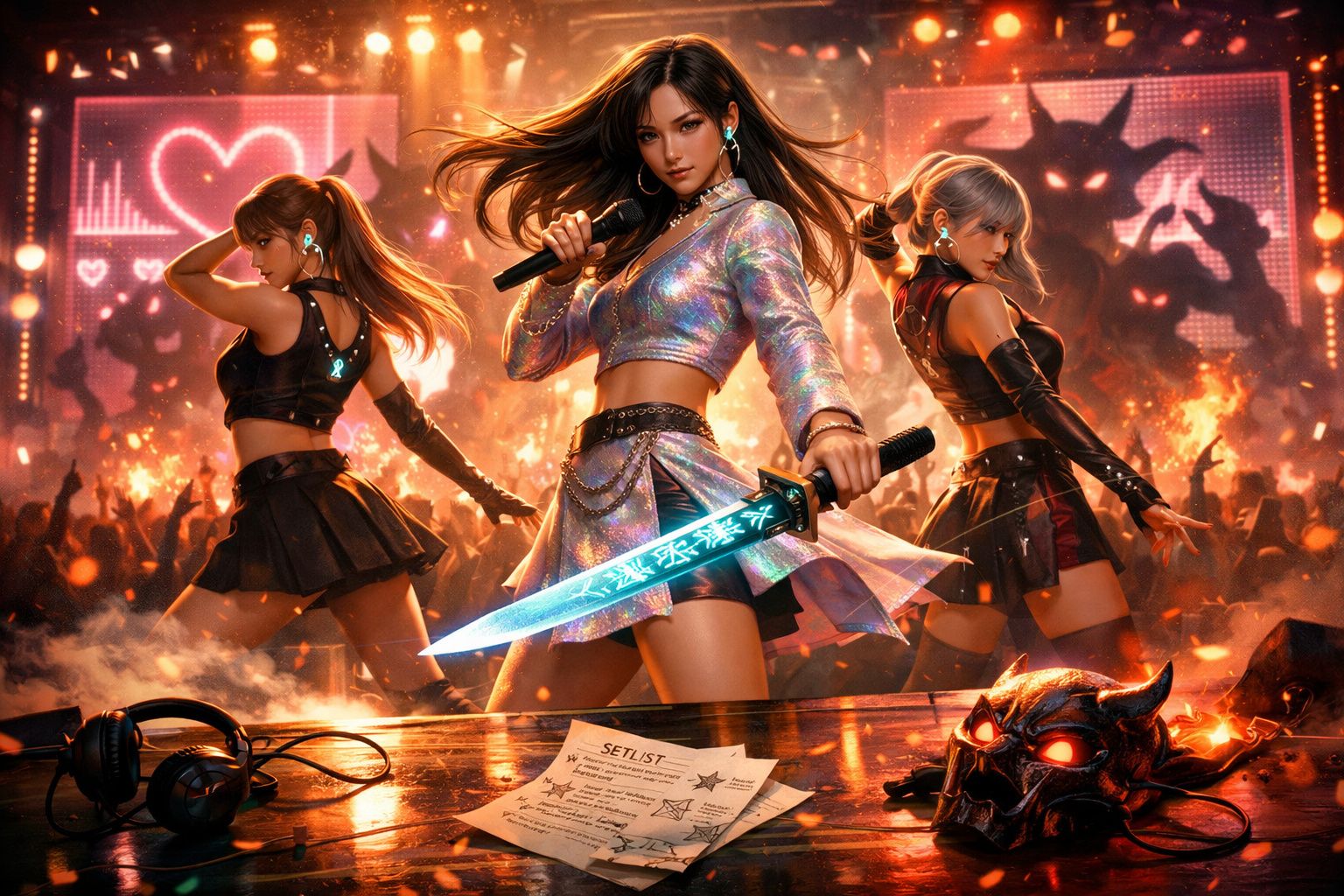 Três jovens mulheres em palco, uma de espada luminosa, outras duas dançam, cenário com luzes e multidão em festa.