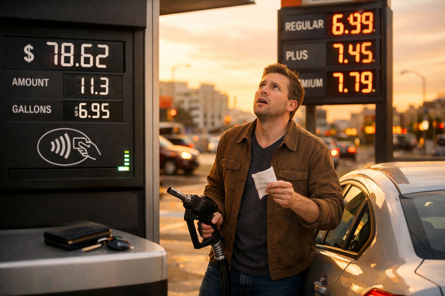 Homem na bomba de gasolina a olhar para o painel de preços elevados durante o pôr do sol.