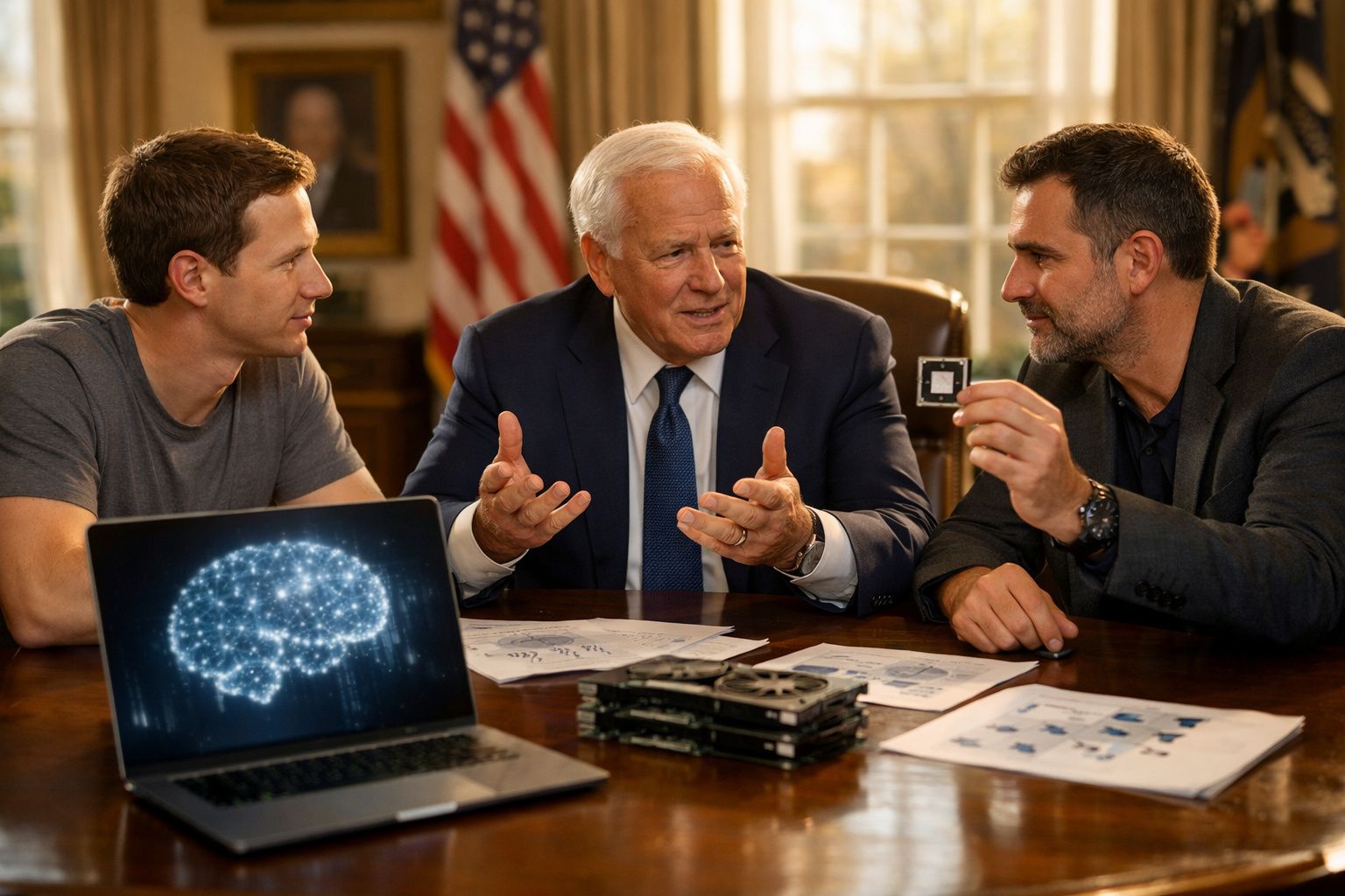 Três homens numa reunião, com um computador a mostrar cérebro digital e um chip numa das mãos.