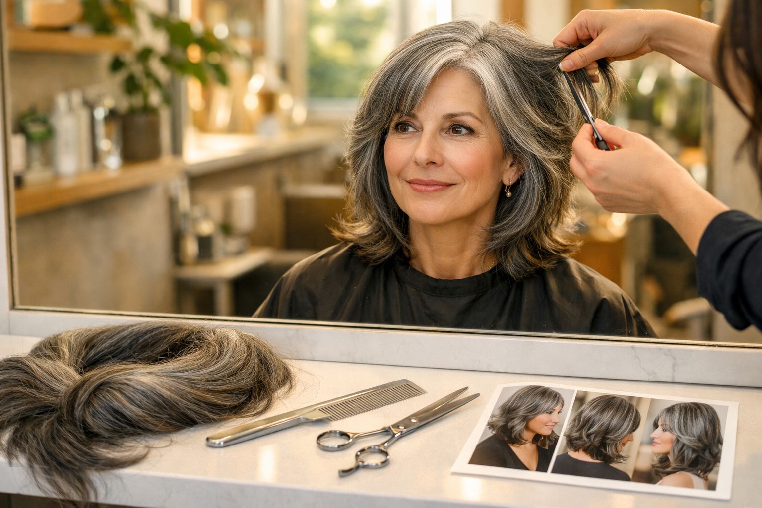 Mulher com cabelo grisalho a ser penteada num salão, com tesoura, pente e fotos de corte de cabelo à frente.