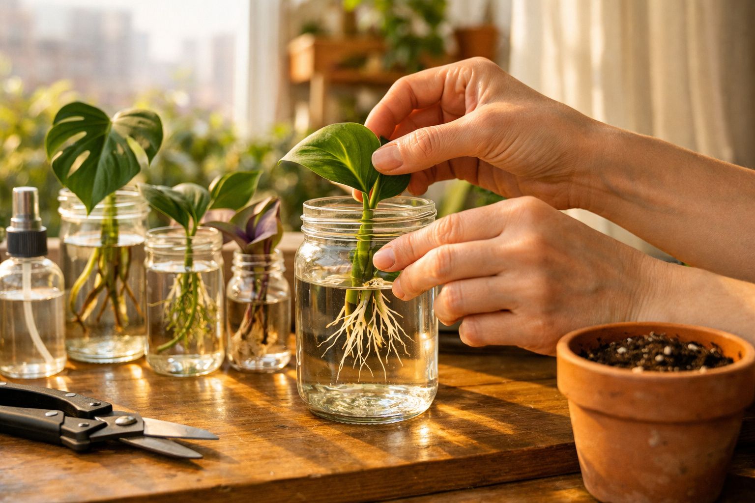 Mãos a colocar uma planta com raízes em água num frasco, várias plantas em frascos no fundo, terra e ferramentas na mesa.