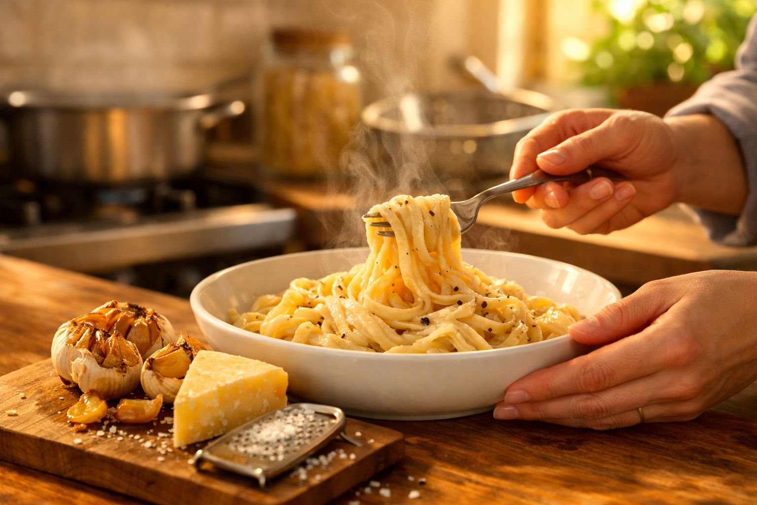 Prato de massa cremosa com pimenta, alho assado e queijo numa cozinha quente e aconchegante.