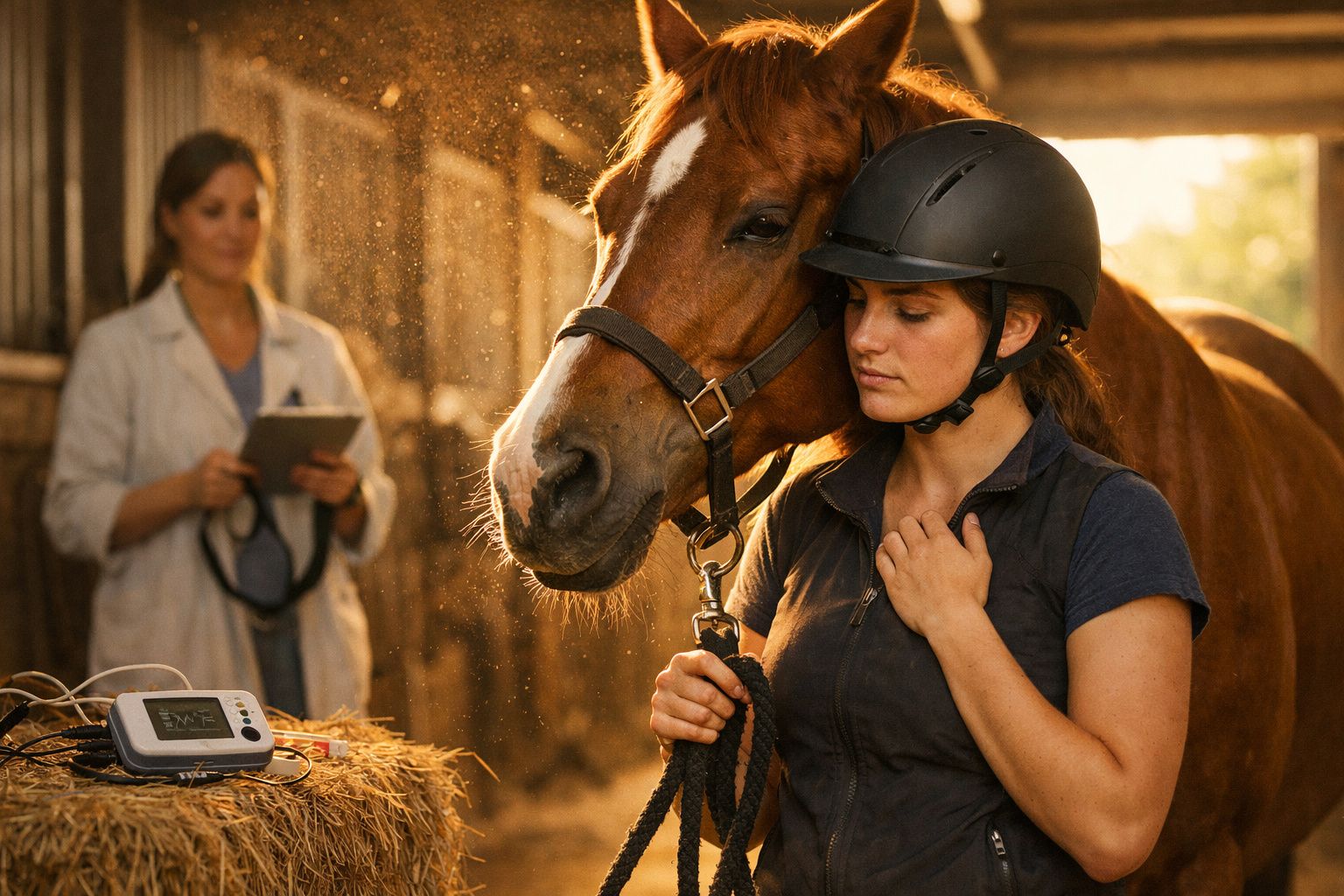 Mulher de capacete segura cavalo numa eira enquanto veterinária observa com tablet e equipamentos médicos.