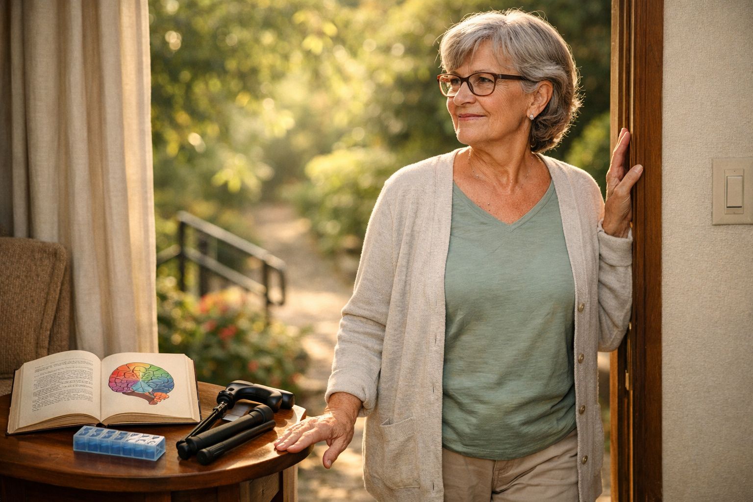 Mulher idosa de óculos, com sorriso leve, em pé à porta, com livro aberto sobre cérebro e objetos médicos numa mesa.