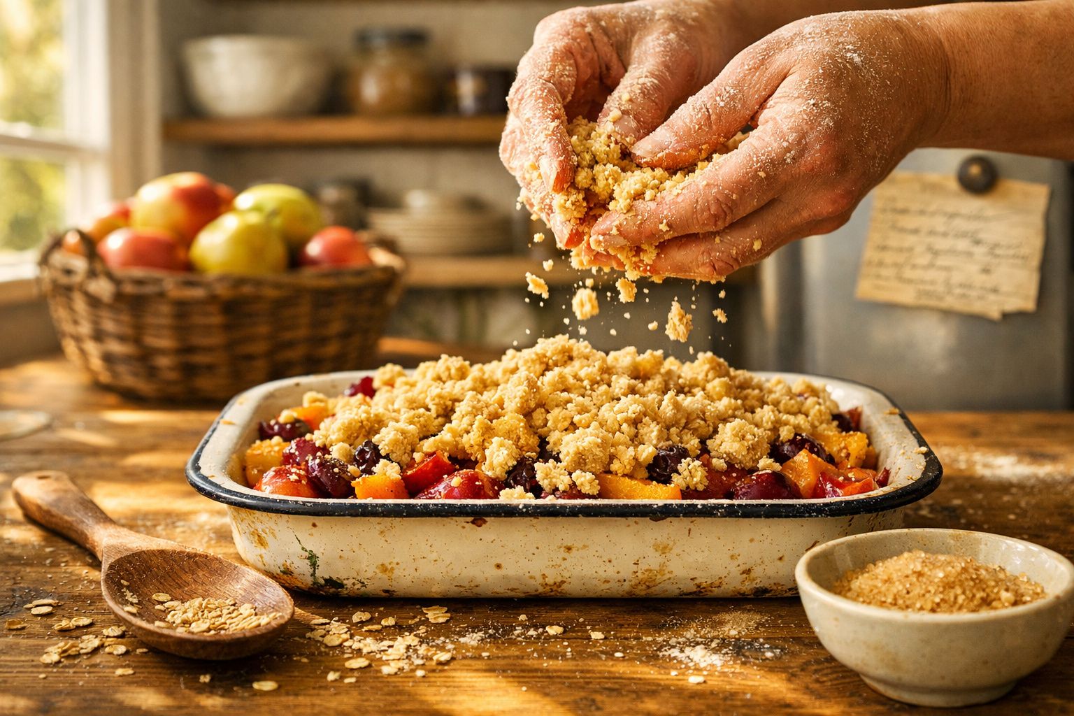 Mãos a cobrir uma mistura de frutas num tabuleiro com crumble, perto de uma colher de madeira e tigela de açúcar.