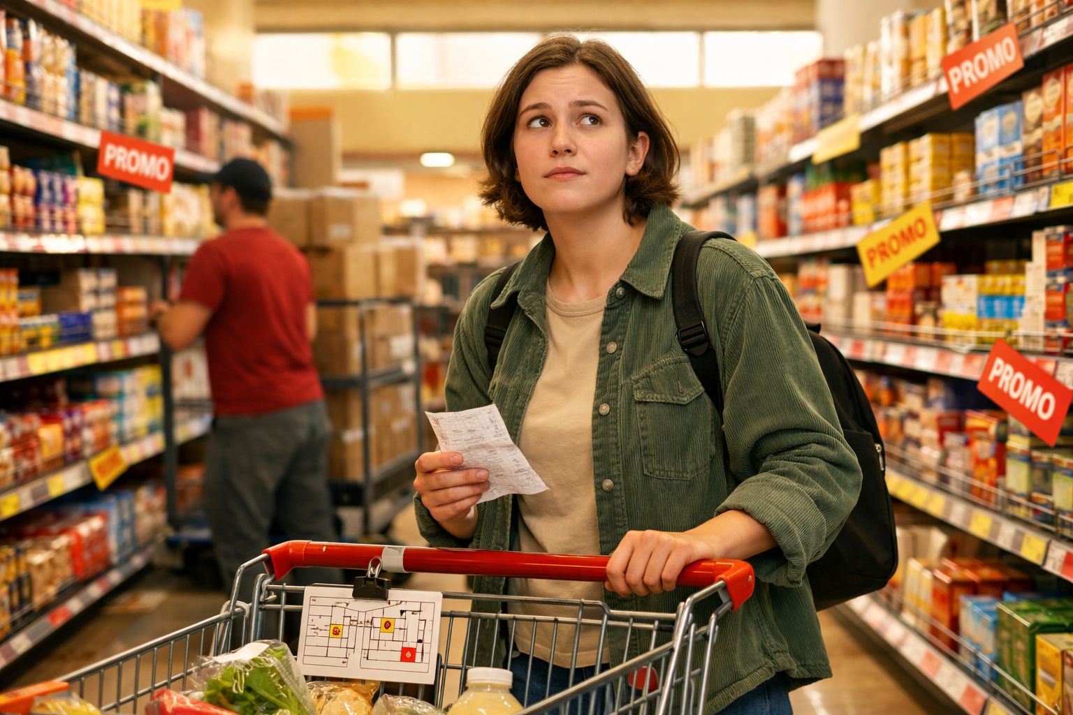 Mulher com mochila empurra carrinho de compras e consulta lista num supermercado com promoções.