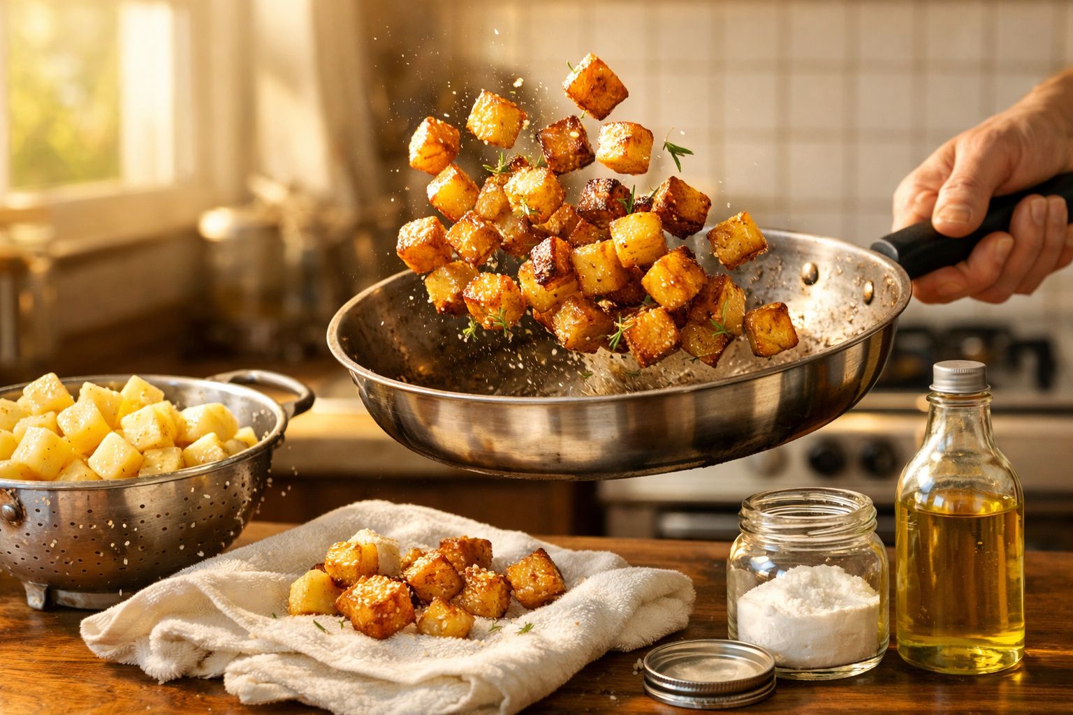 Cubos de batata dourados a serem fritos numa frigideira, com temperos e óleo numa bancada de cozinha.