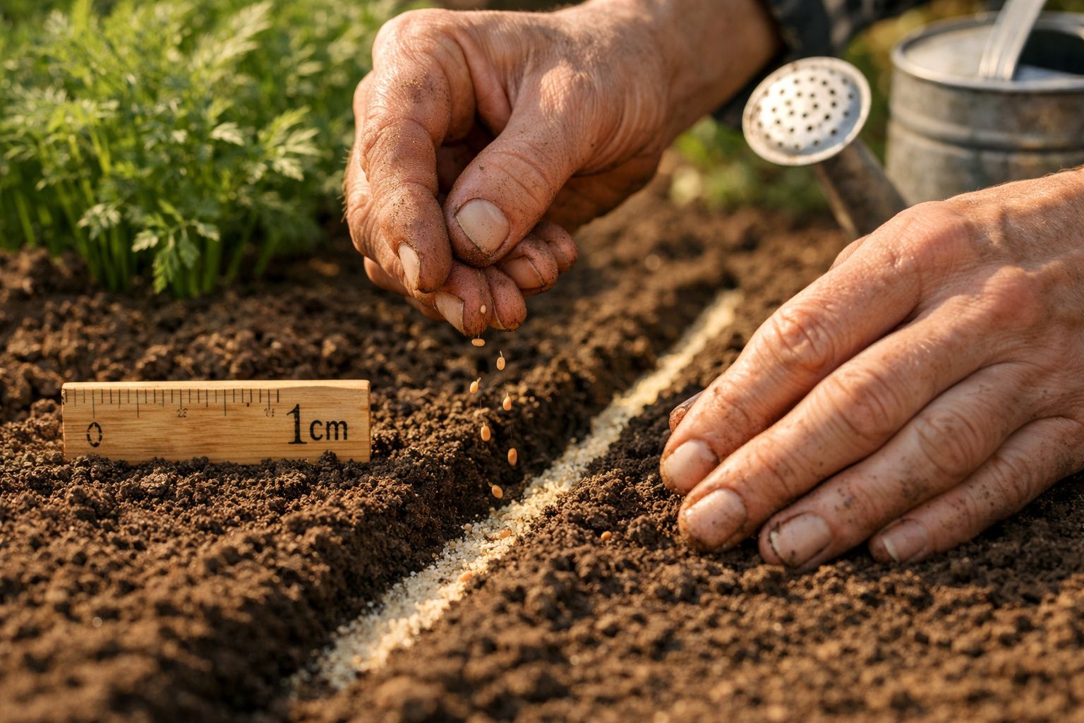 Mãos a semear sementes no solo preparado, com régua a medir 1 cm e regador ao fundo.